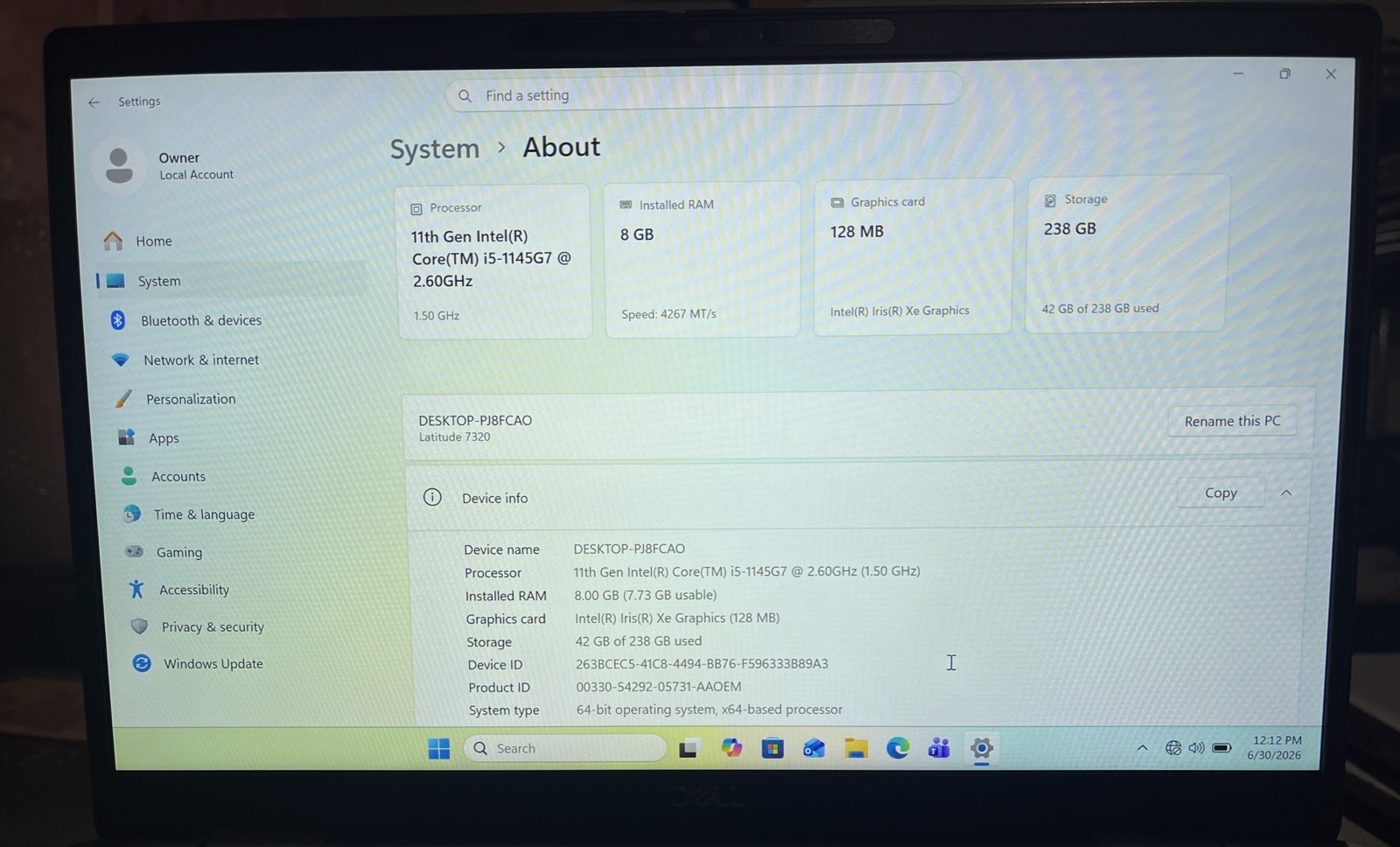Dell Latitude 7320 13.3″ i5-1145G7@2.6GHz, 8GB RAM, 256GB M2, Win 11 Pro *READ*