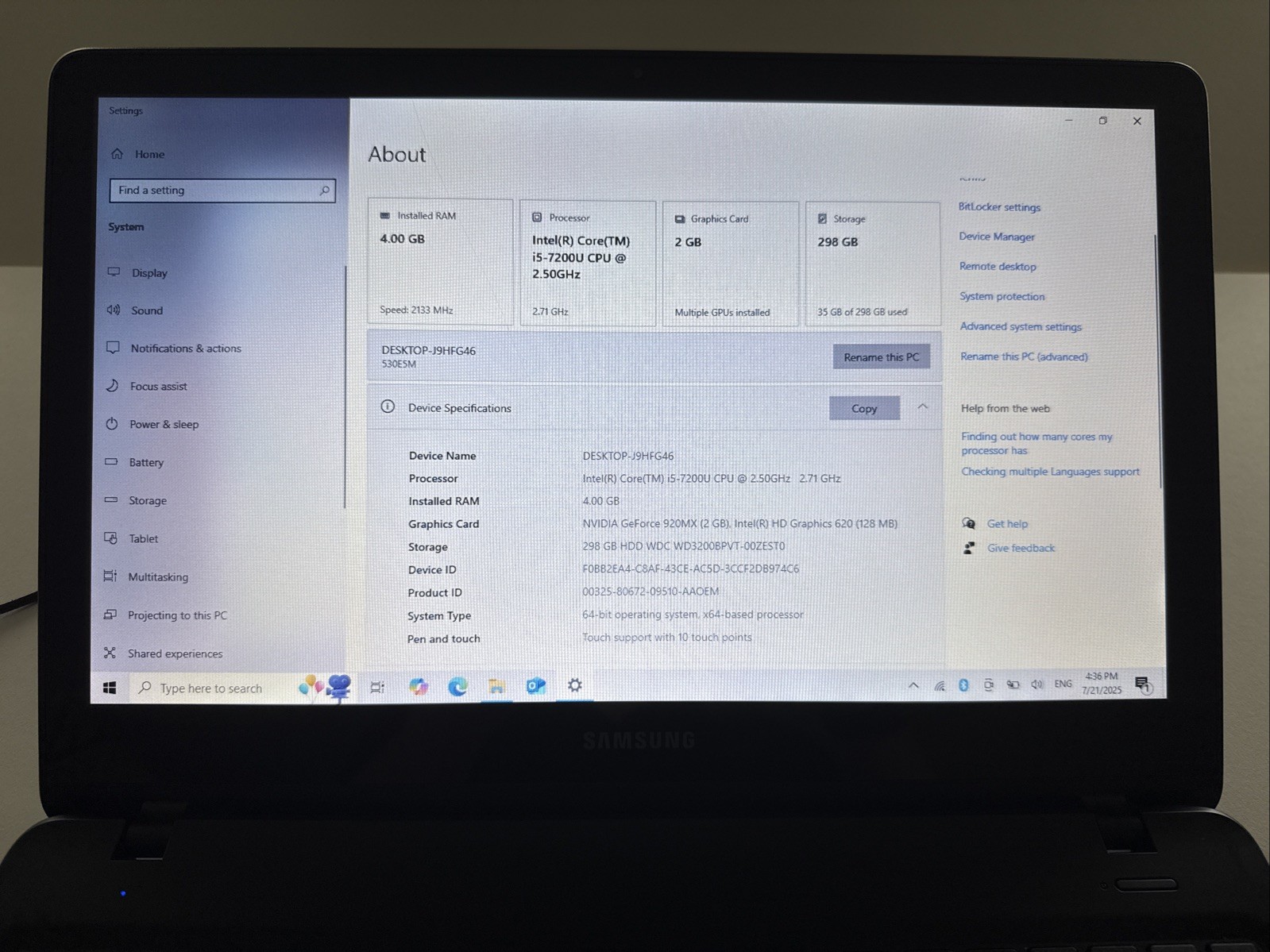 SAMSUNG NP530E5M X01US | INTEL CORE I5-7200U 2.50GHZ No Ram No HDD No Adapter