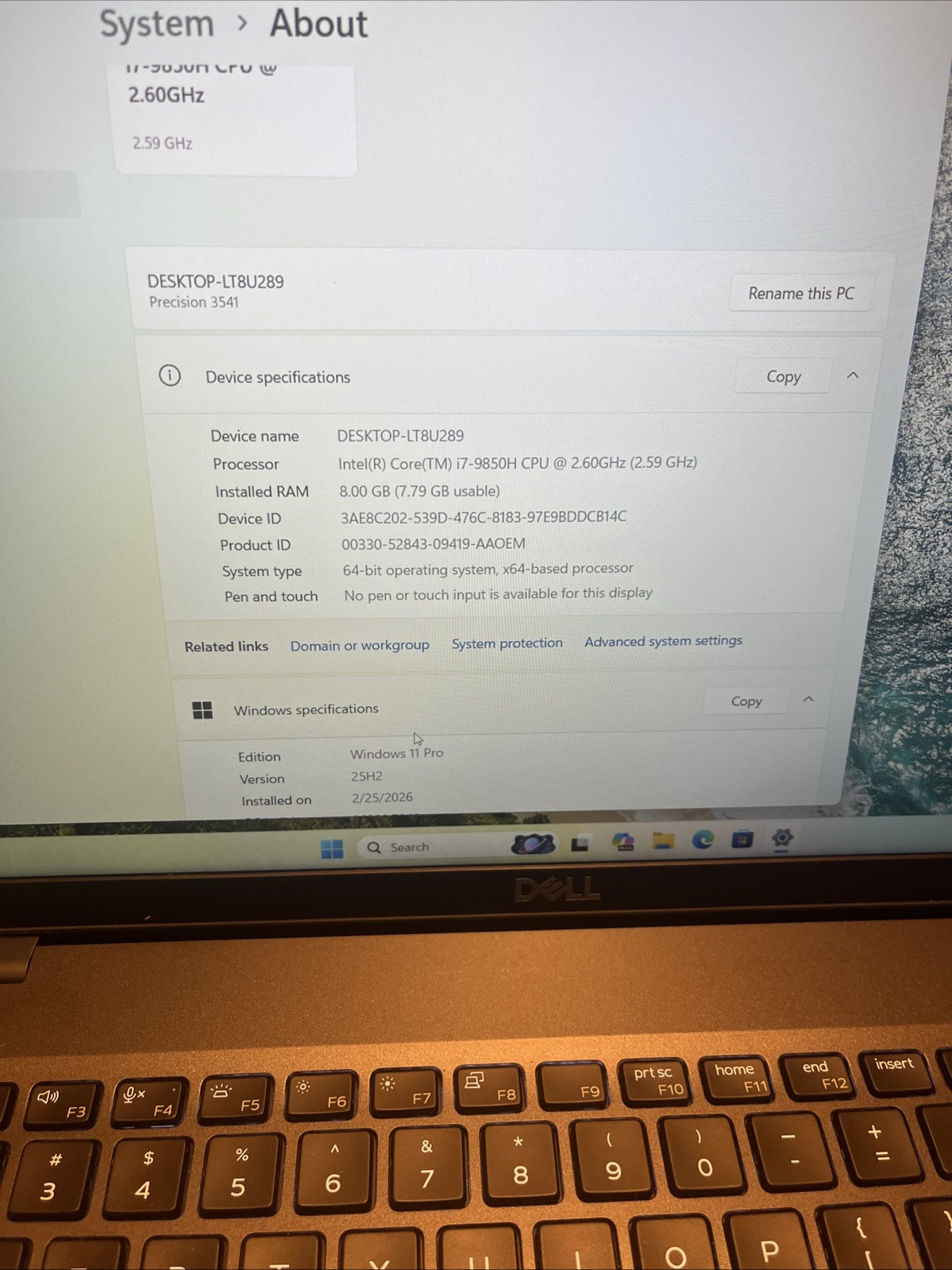 Dell Precision 3541 Laptop i7‑9850H 8GB256GB SSD Quadro P620 Win11