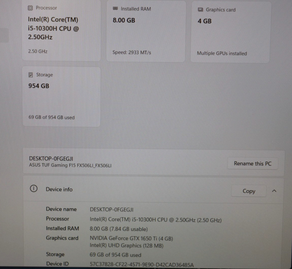 Asus TUF F15 FX506LI 15.6″ i5-10300H 2.5GHz 8GB RAM 1TB SSD GeForce GTX 1650