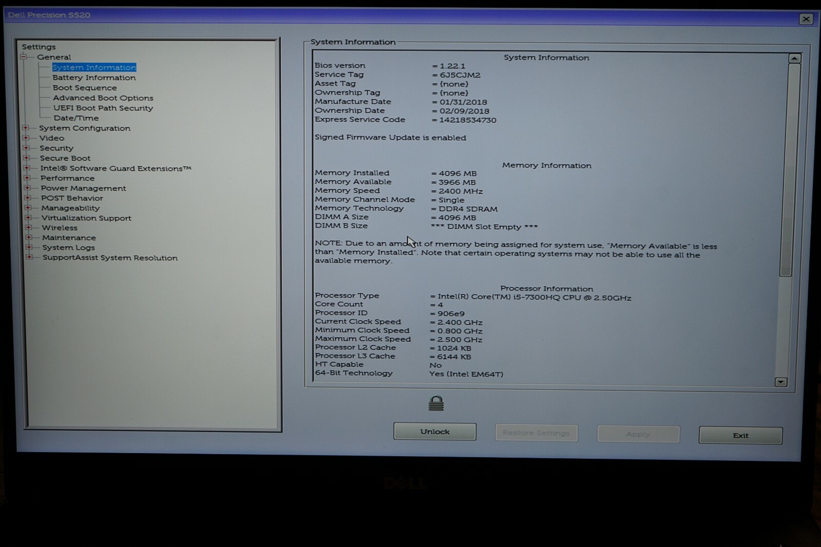 ^ Dell Precision 5520 i5-7300HQ @ 2.5GHz 4GB Ram No HD BIOS Locked #C1415