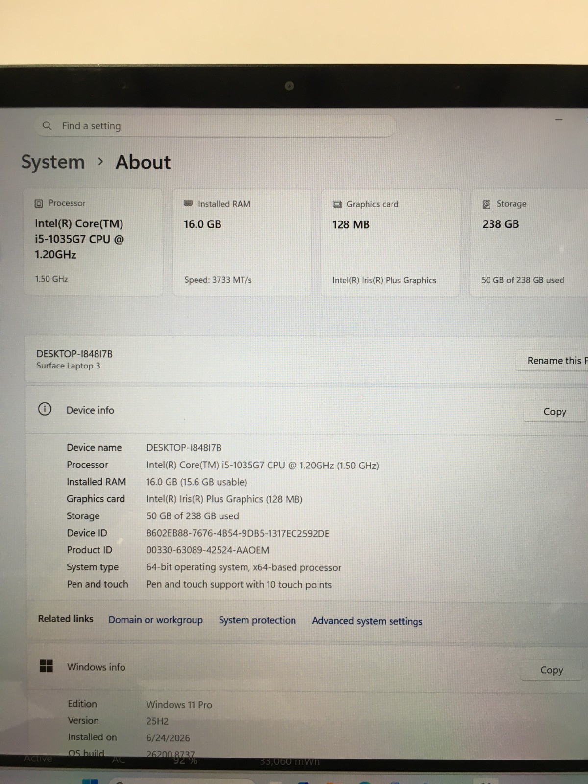 Microsoft Surface Laptop 3 i5-1035G7 1.20GHz/16GB RAM/256GB NVMe SSD/Win11 Pro