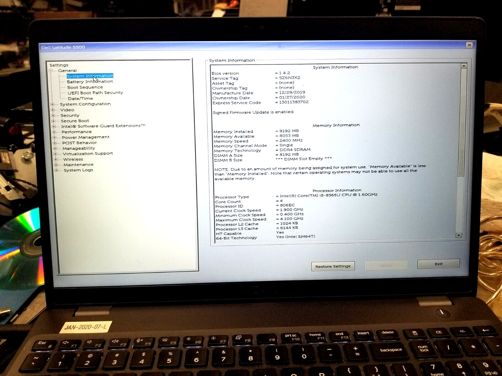 Dell Latitude 5500 4CORE i5-8365U 1.6GHz 8GB 128GBSSD Win10Pro wifi, BT powercor