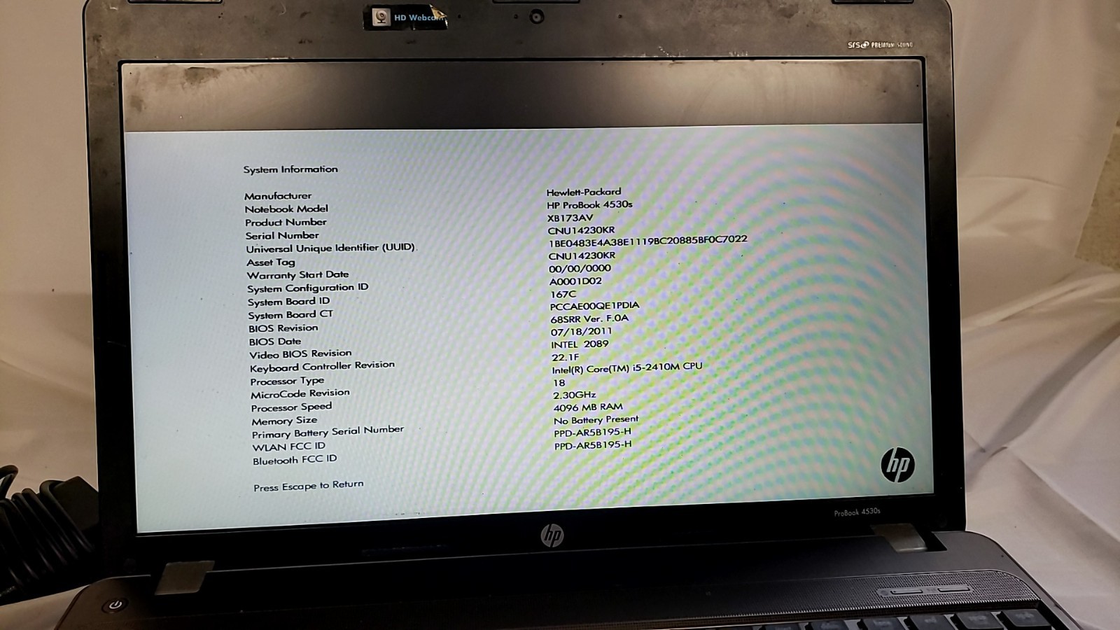 HP ProBook 4530s i5-2410M 2.30GHz 4GB RAM Laptop No HDD No Battery