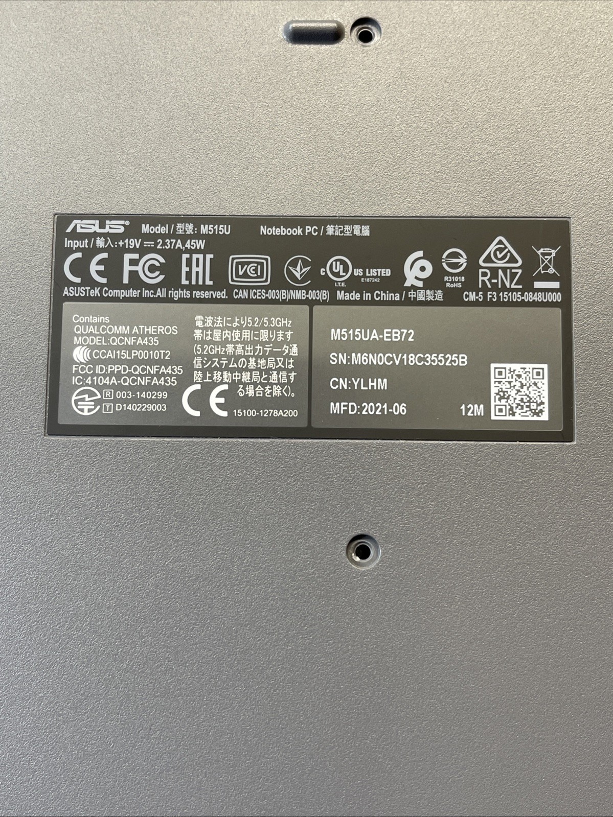 ASUS Vivobook M515UA Tested LCD Screen w/ Chassis & Battery – No Motherboard