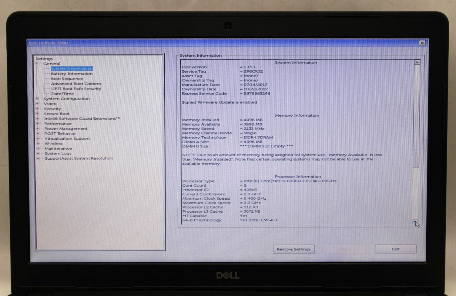 Dell Latitude 3580 i3-6006U@2.0GHz 4GB DDR4 RAM NO STORAGE/OS *USED/TESTED*