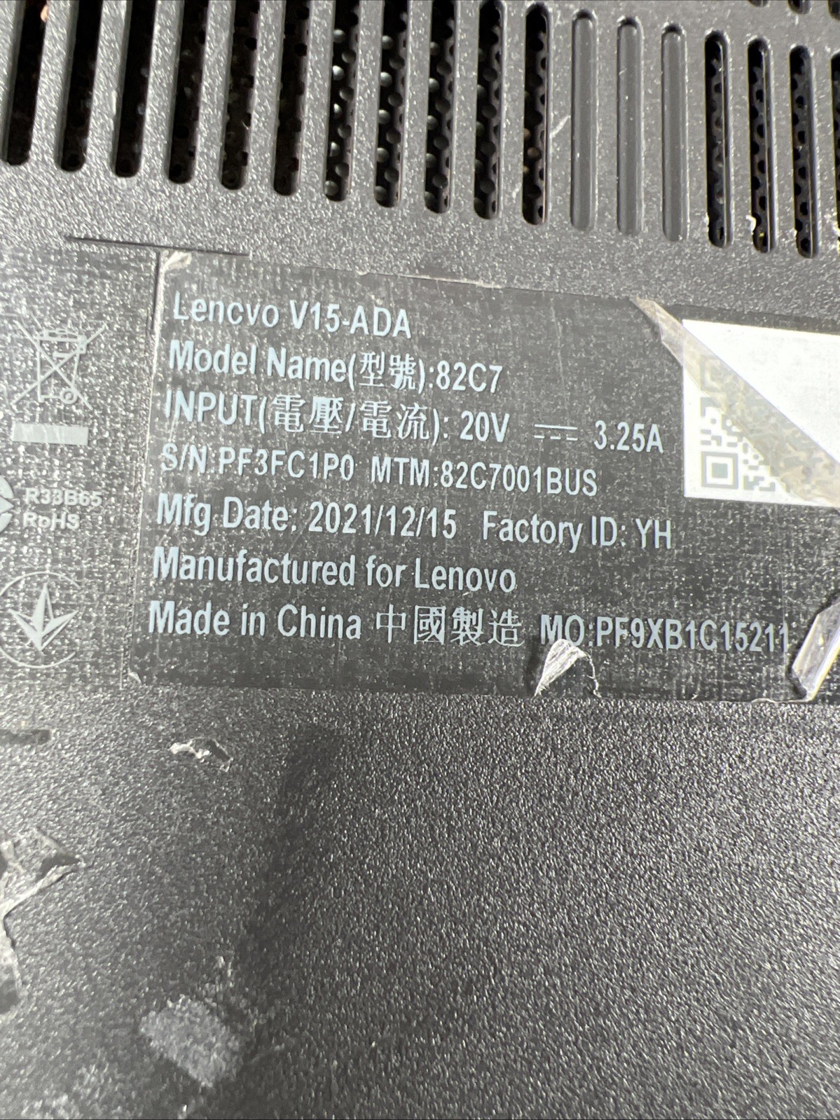 LENOVO V15-ADA AMD ATHLON GOLD 3150U 8GB RAM **NO HD/ NO CADDIE/ NO OS