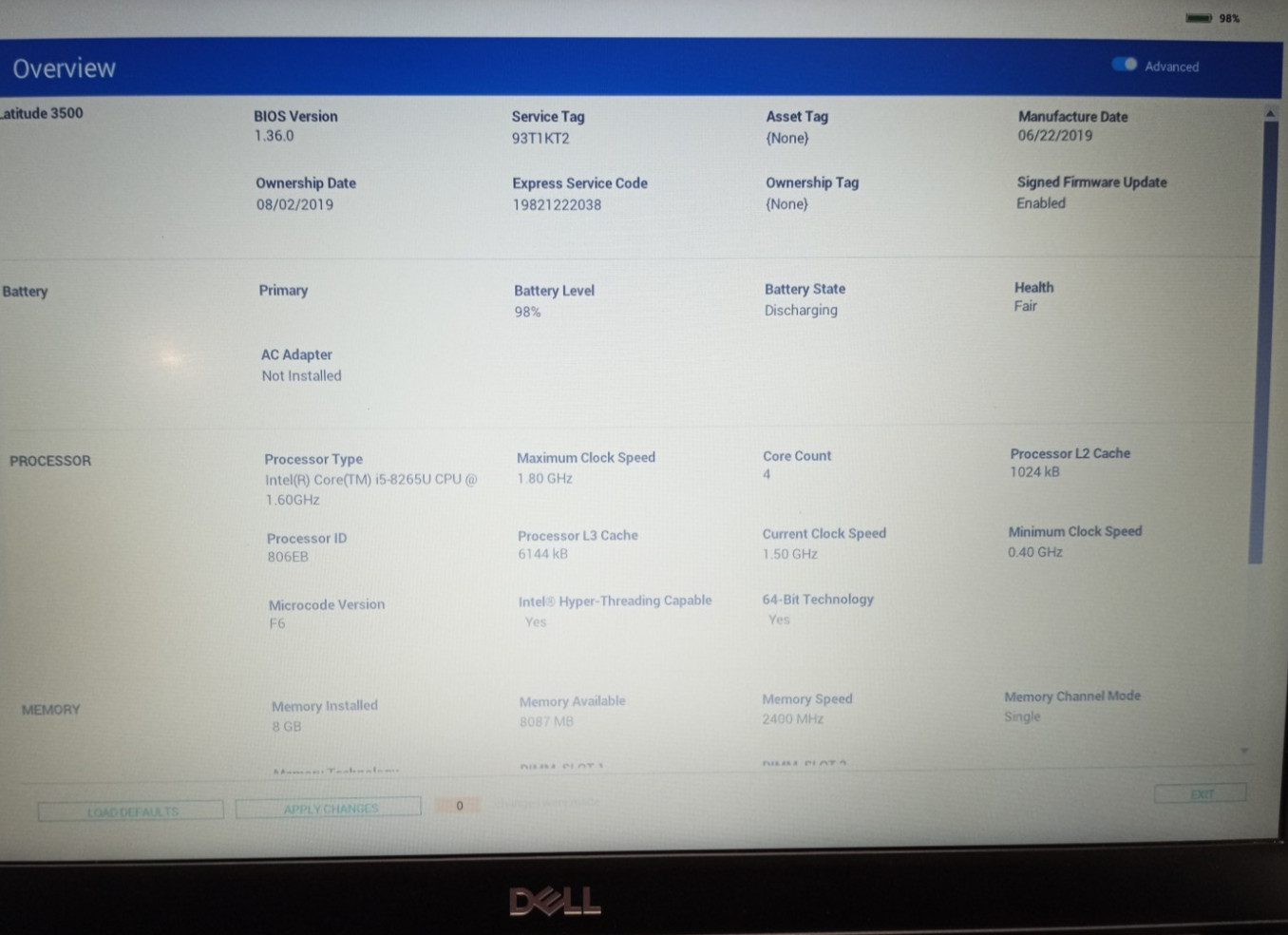 Dell Latitude 3500 15.6″ i5-8265u@1.60GHz 8GB RAM 256GB NVMe Win11Pro MC419*!