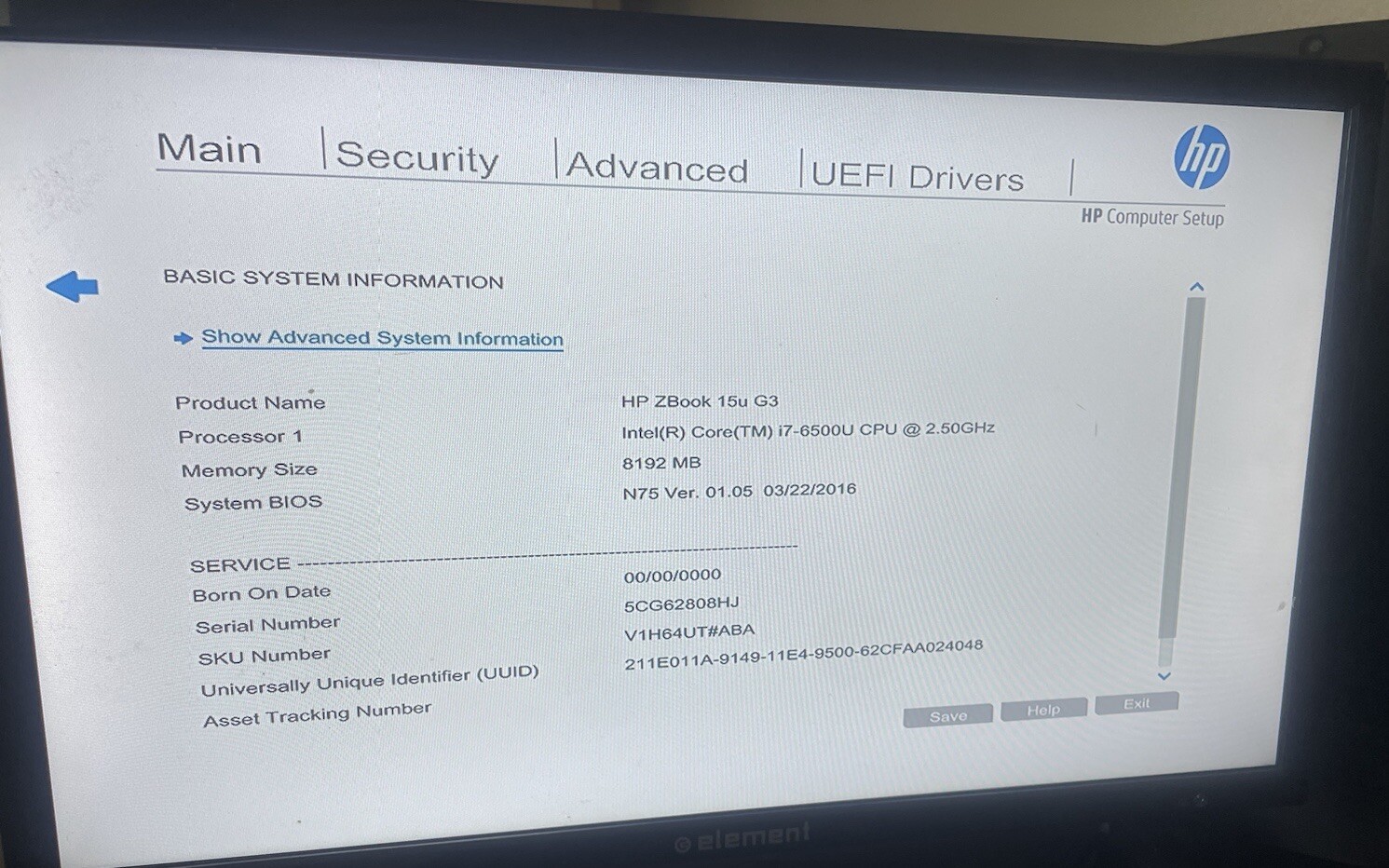 HP Zbook 15u G3 i7-6500U CPU 2.50GHz NO: LCD,HDD,BATTERY, Keyboard, Bezel. 15.6”