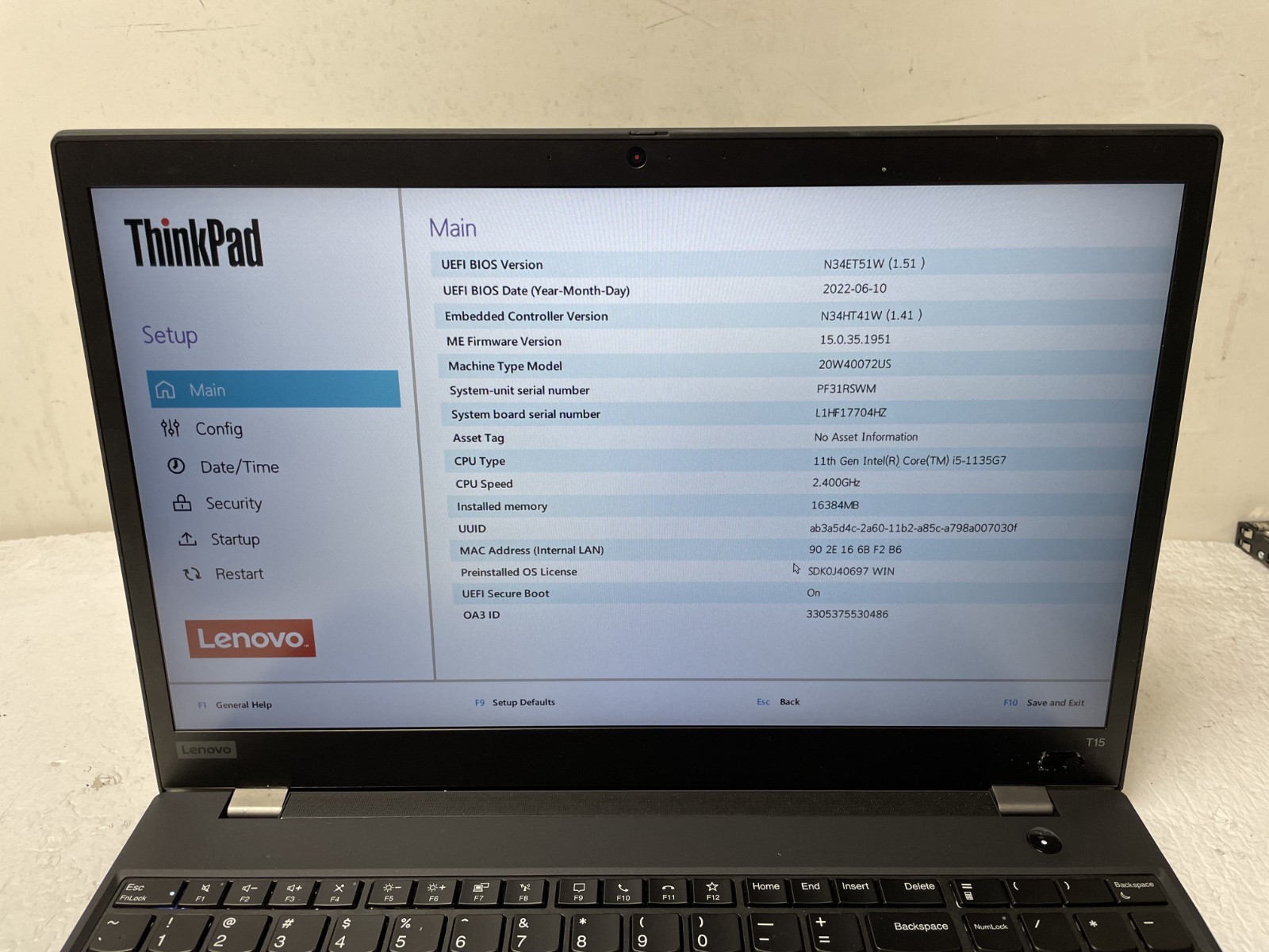 Lenovo ThinkPad T15 Gen 2 Intel i5-1135G7 @2.40GHz 16GB RAM NO SSD For Parts
