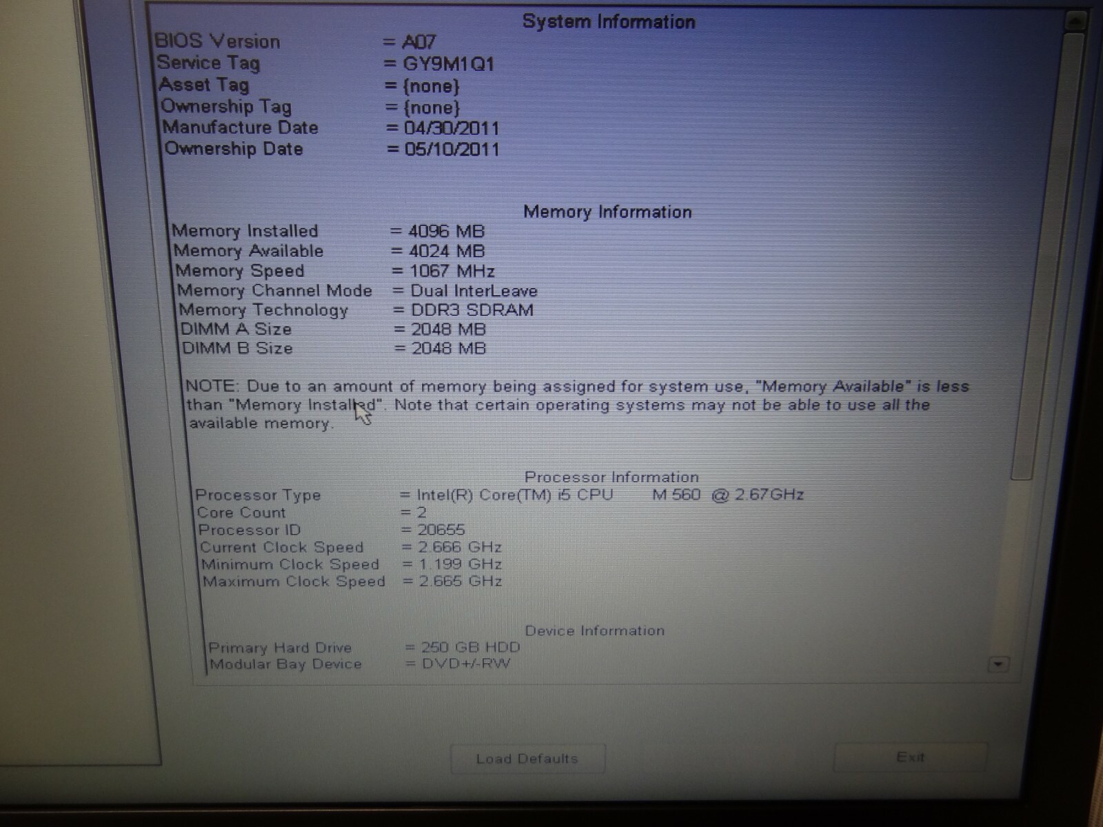 Dell Latitude E6410 Intel Core i5 M560 2.67GHz, 4GB RAM, 250GB HDD, No OS #148