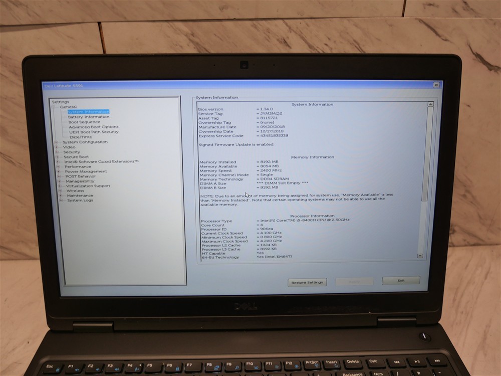 DELL E5591 15″ LATITUDE Laptop i5-8400H 2.50ghz 8GB AC Adapter & BAT 1920×1080