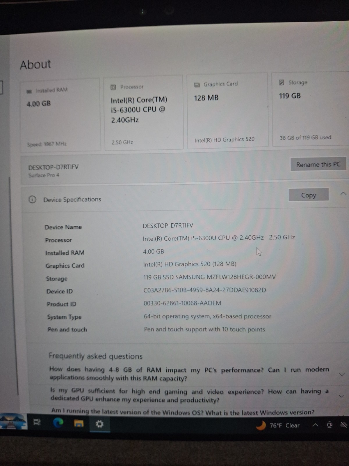 Microsoft Surface Pro4 12.3” (128GB SSD 4GBRAM) 2-In-1 Touch Laptop-Silver