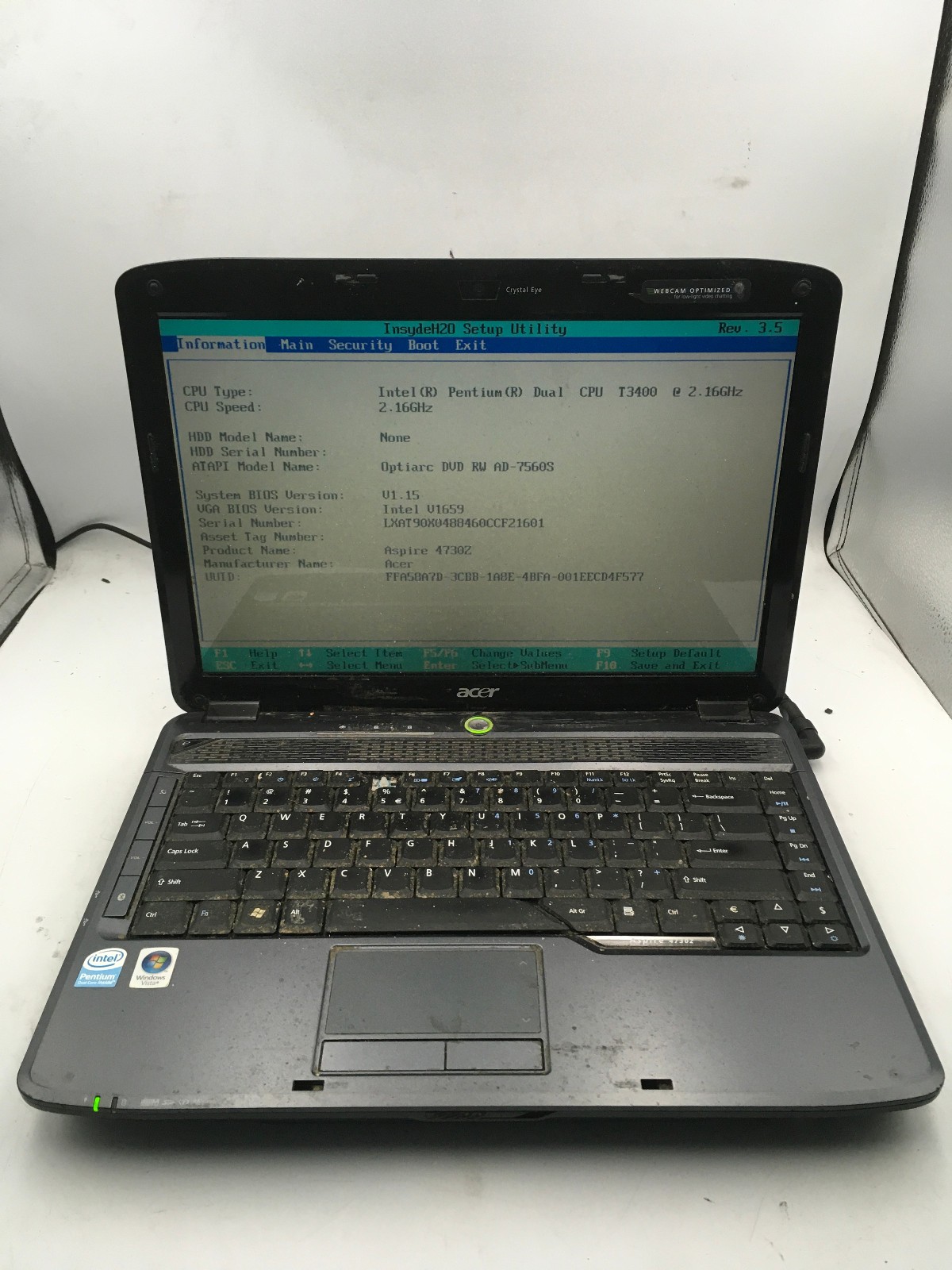 ACER ASPIRE 4730Z – BOOTS TO BIOS – INTEL PENTIUM T3400 – 1GB RAM -READ DESC- BB