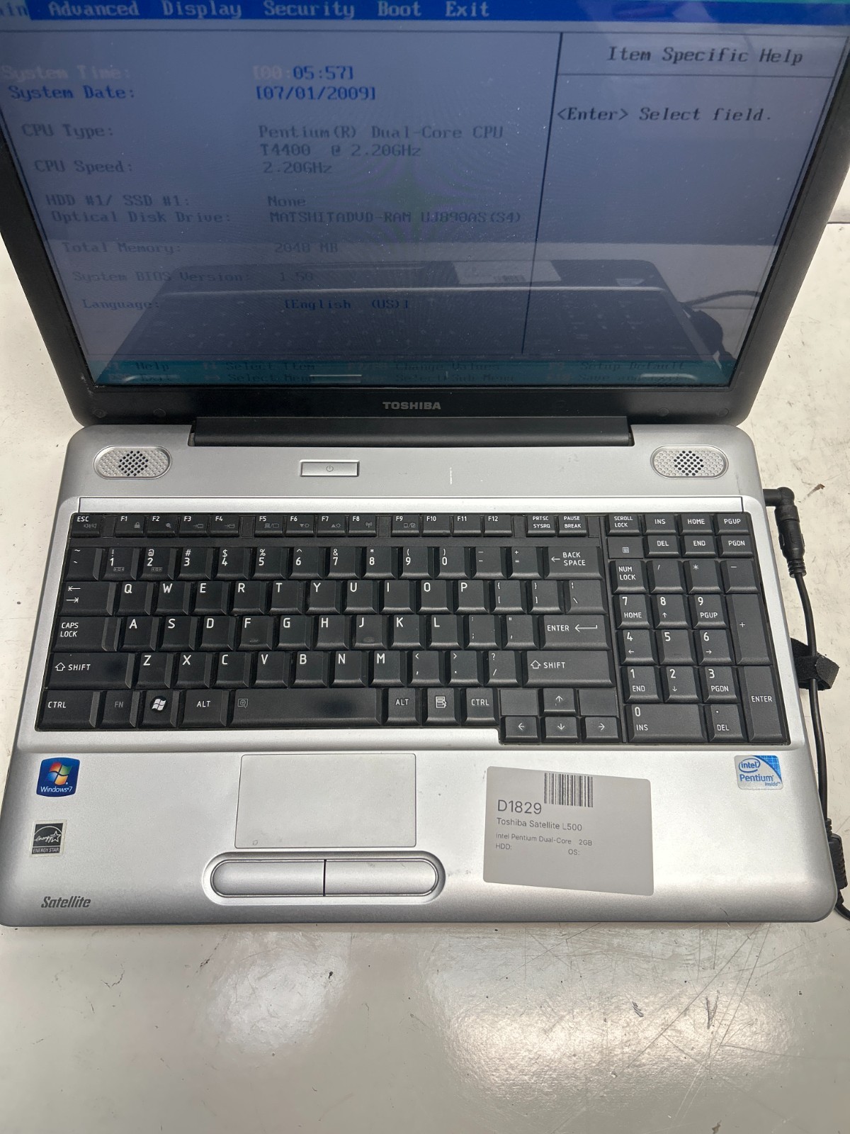 Toshiba Satellite L500 Intel Pentium Dual-Core T4400 2.2GHz 2GB NO HDD