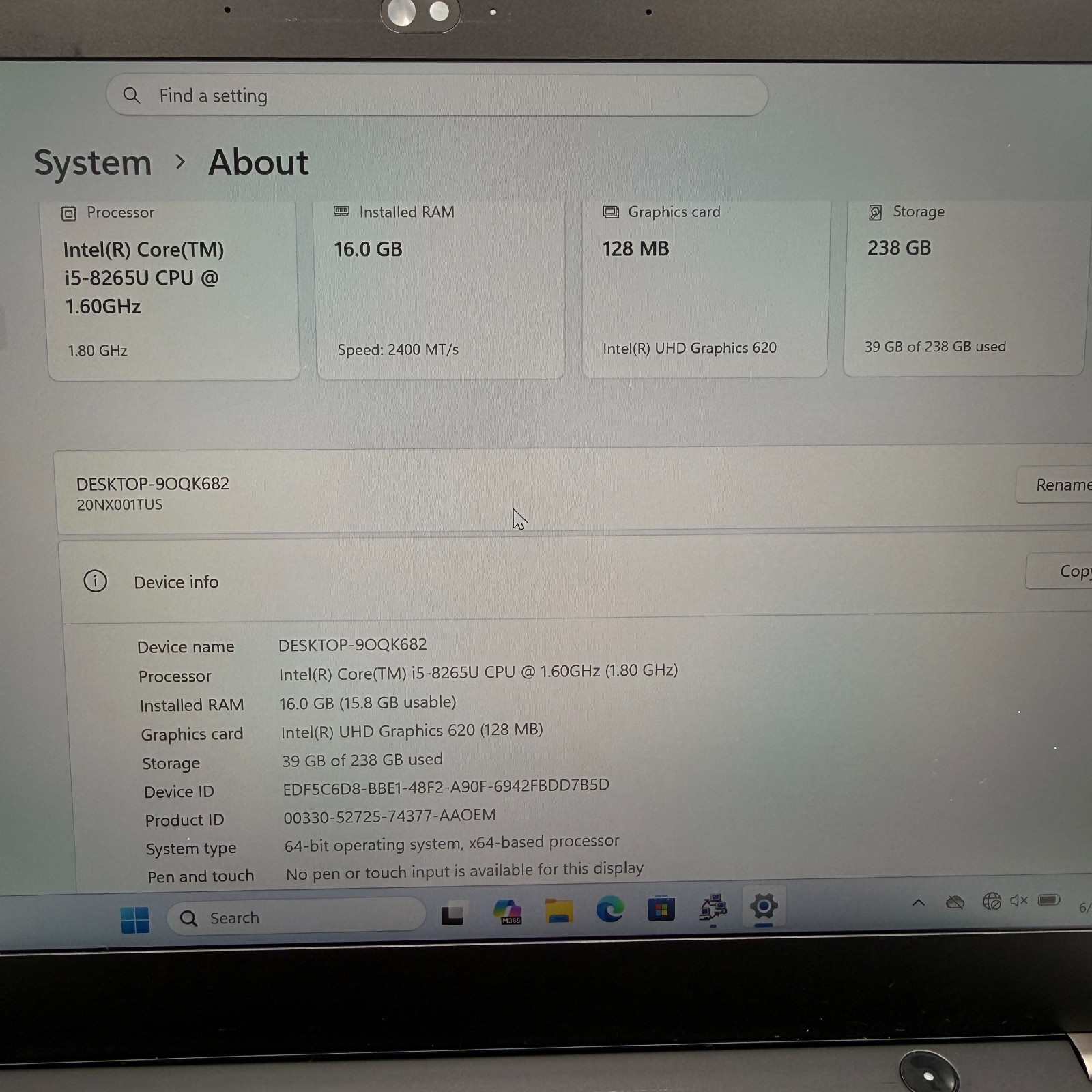Lenovo ThinkPad T490s 14″ i5-8265U 16GB RAM 256GB SSD Win11 Pro Fingerprin Fair