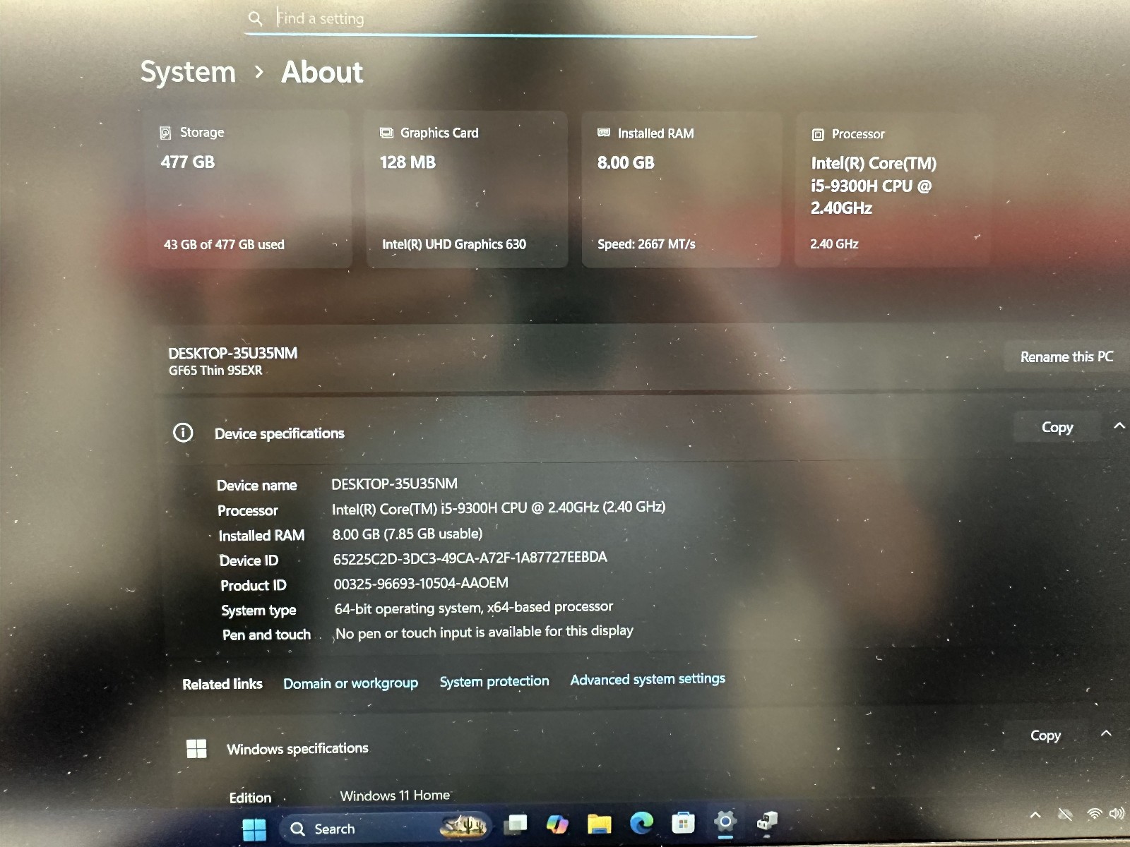 MSI MS-16W1 i5-9300H 2.40GHz 8GB 477GB SSD Windows 11 Home