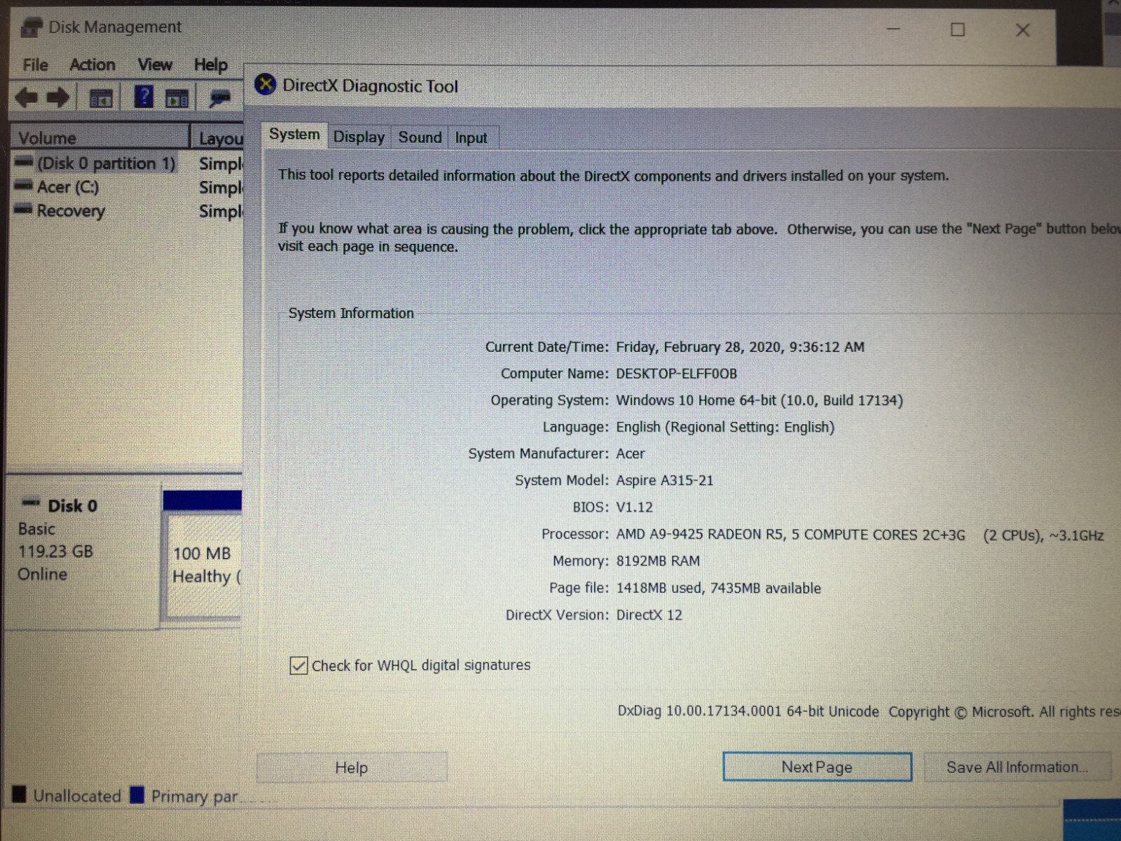 *Bad Battery*Acer Aspire 3 A315-21-93EY 15.6″ Laptop/AMD A9-9420/8GB/128GB SSD