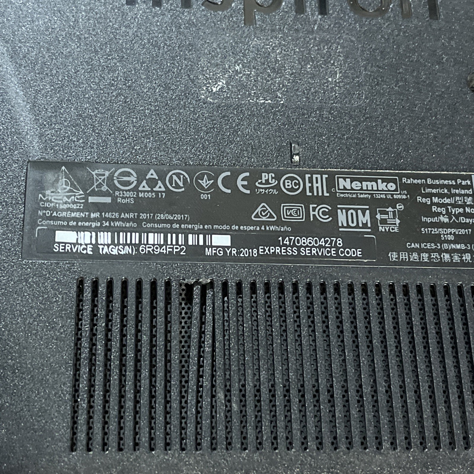 DELL INSPIRON 5570 INTEL CORE I3-8130U 2.20GHZ 12GB RAM NO HD