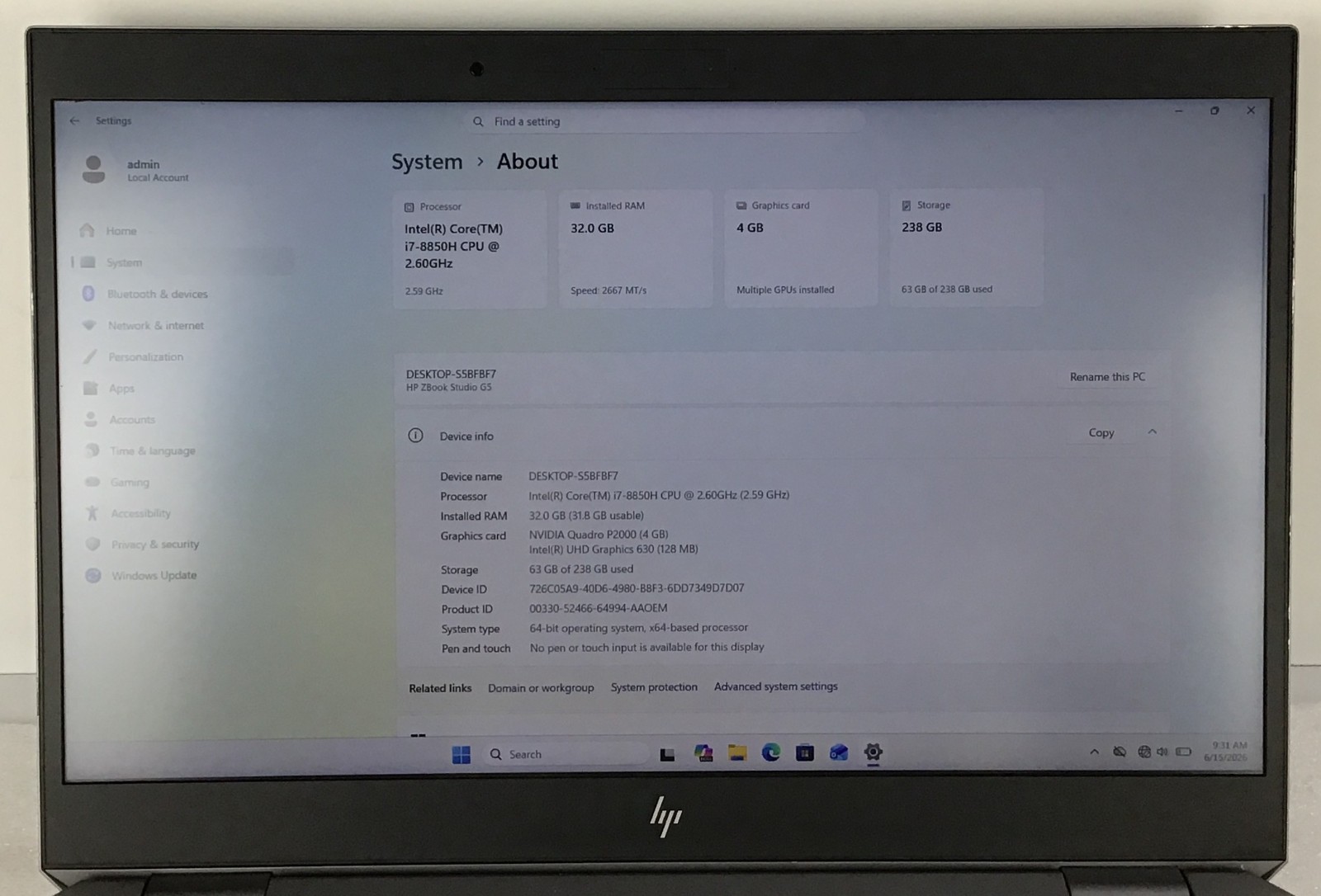 HP ZBook Studio G5 15.6″ I7-8850H 2.6GHz 32GB 256GB 1NVIDIA QUADRO P2000 11 Pro