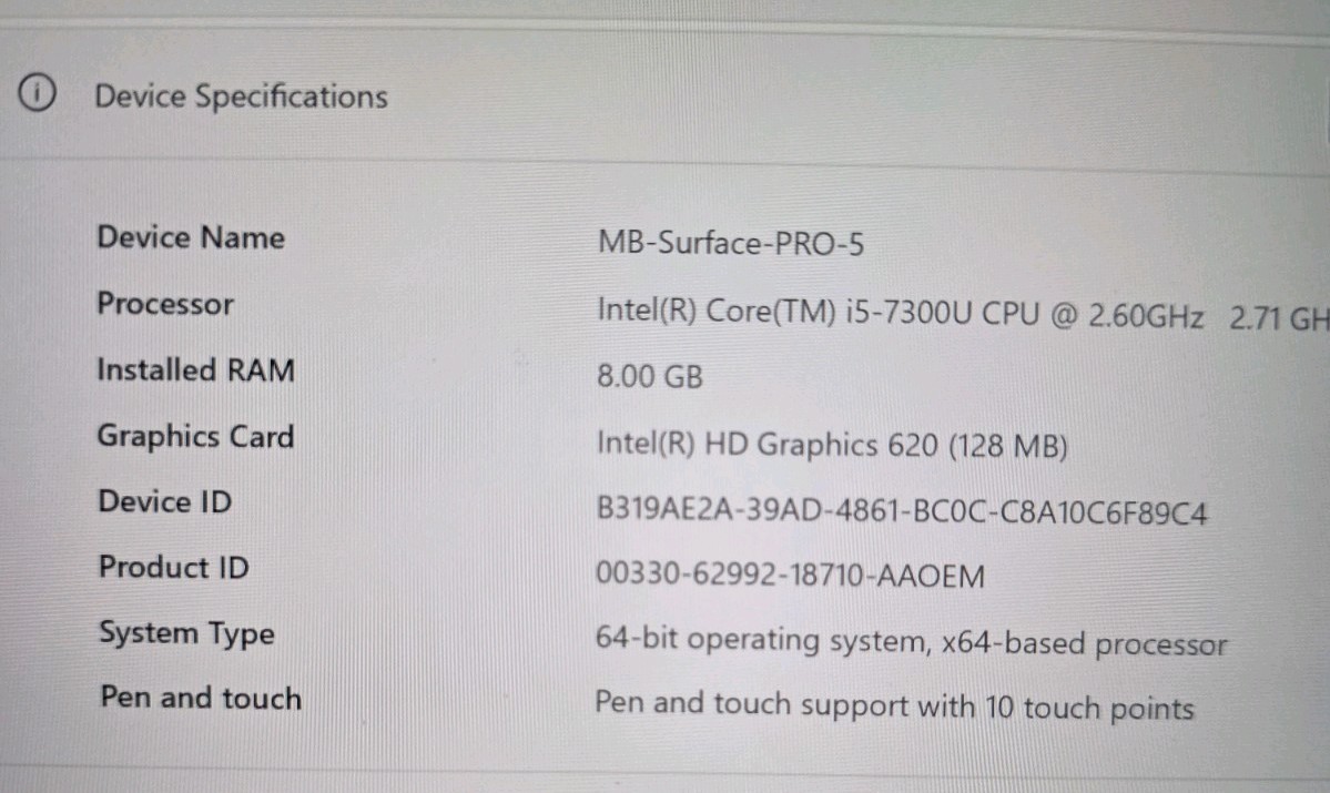 Microsoft Surface Pro 5 1796 12.3″ i5-7300U 8Gb RAM 128GB SSD Win10Pro