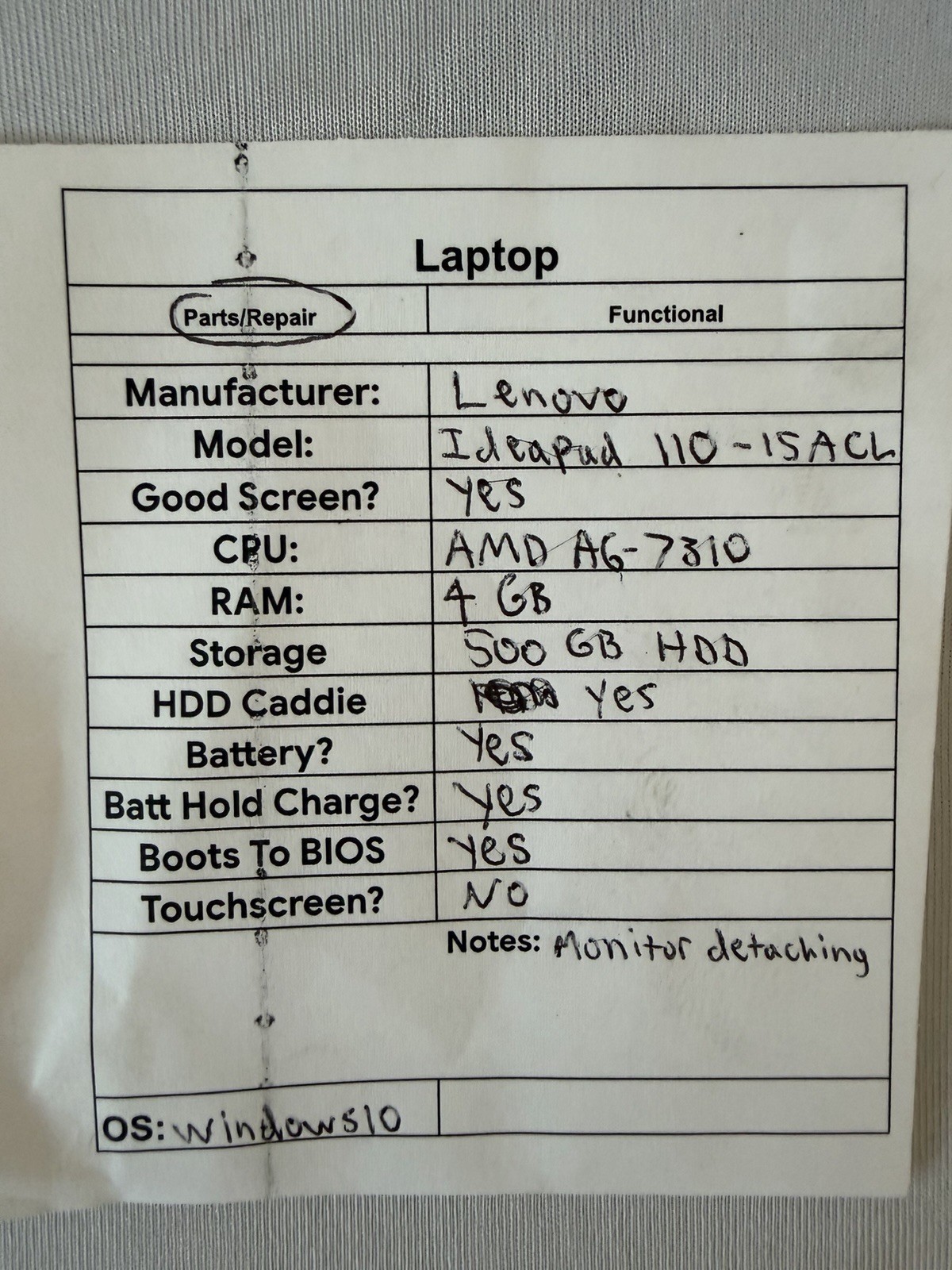 Lenovo Ideapad 110-15ACL Laptop – Good Screen – AMD A6-7310 – Read Des