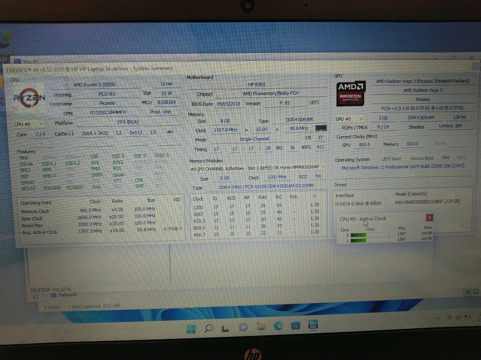 HP Laptop 14-dk0731ms Ryzen3 3200U 2.6GHz 8gb ram 128gb SSD charger 5CG9403C51