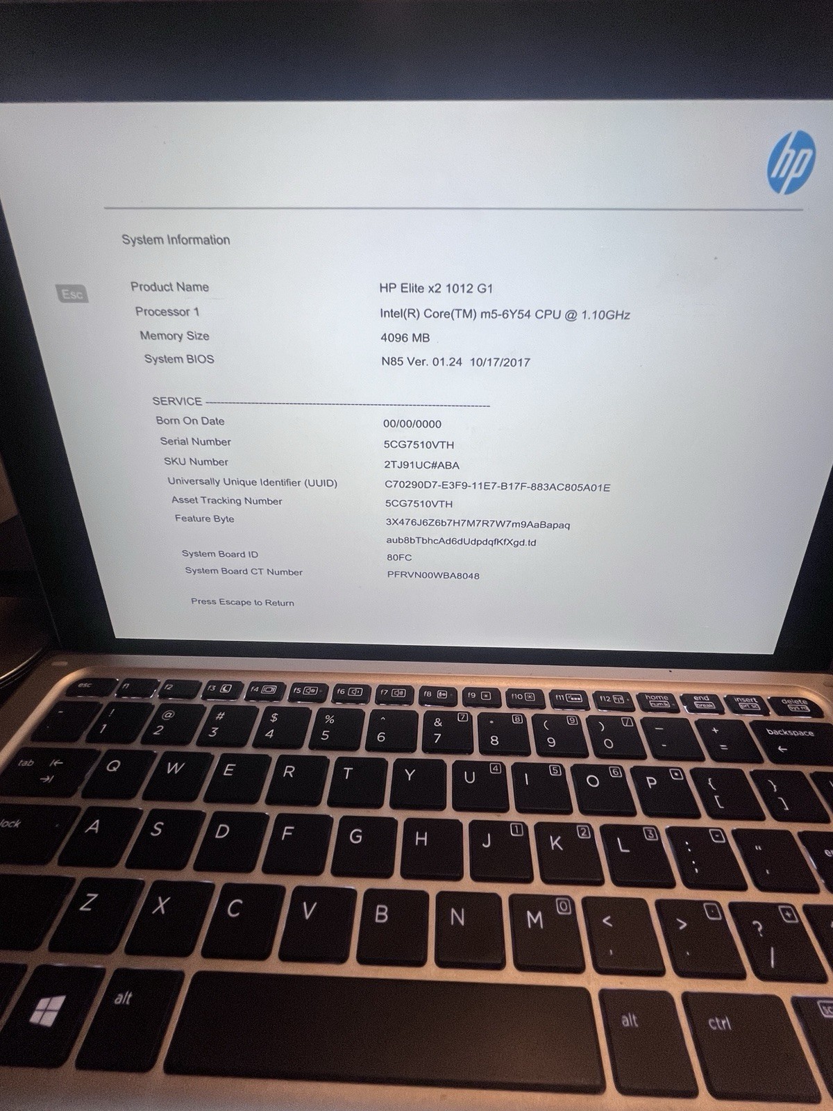 HP Elite x2 1012 G1 Tablet Intel Core M5 No SSD Touch Screen