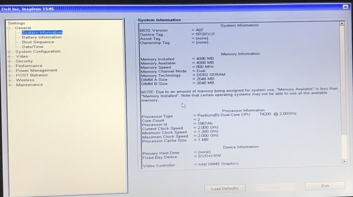 DELL Inspiron 1545 Pentium dual-core 2.00GHz 4GB RAM. BOOTS to BIOS NO HDD
