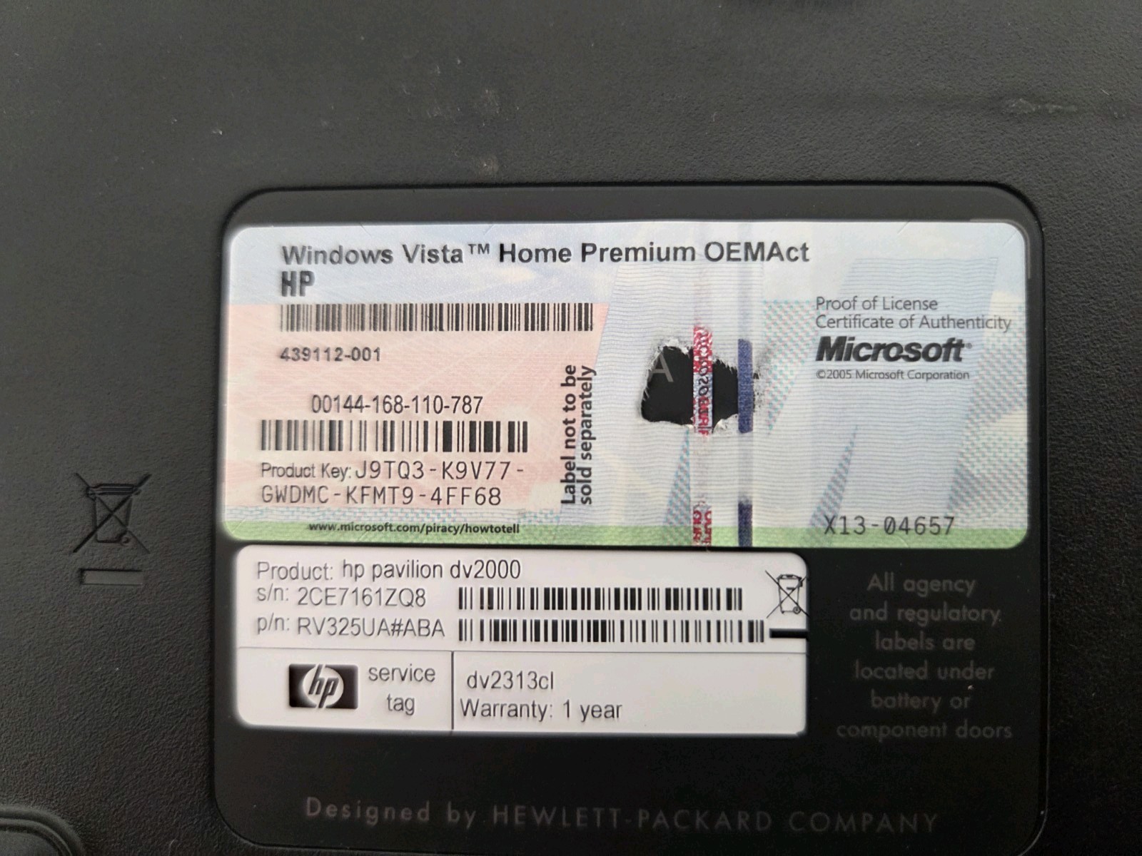 HP Pavilion Entertainment PC DV2000 Laptop Windows Vista Nvidia AMD Turion 64