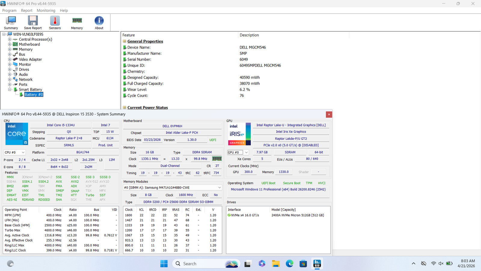 DELL Inspiron 15 3530 15″ FHD I5-1334U 512GB 16GB W11P Backlit FP Reader 120Hz