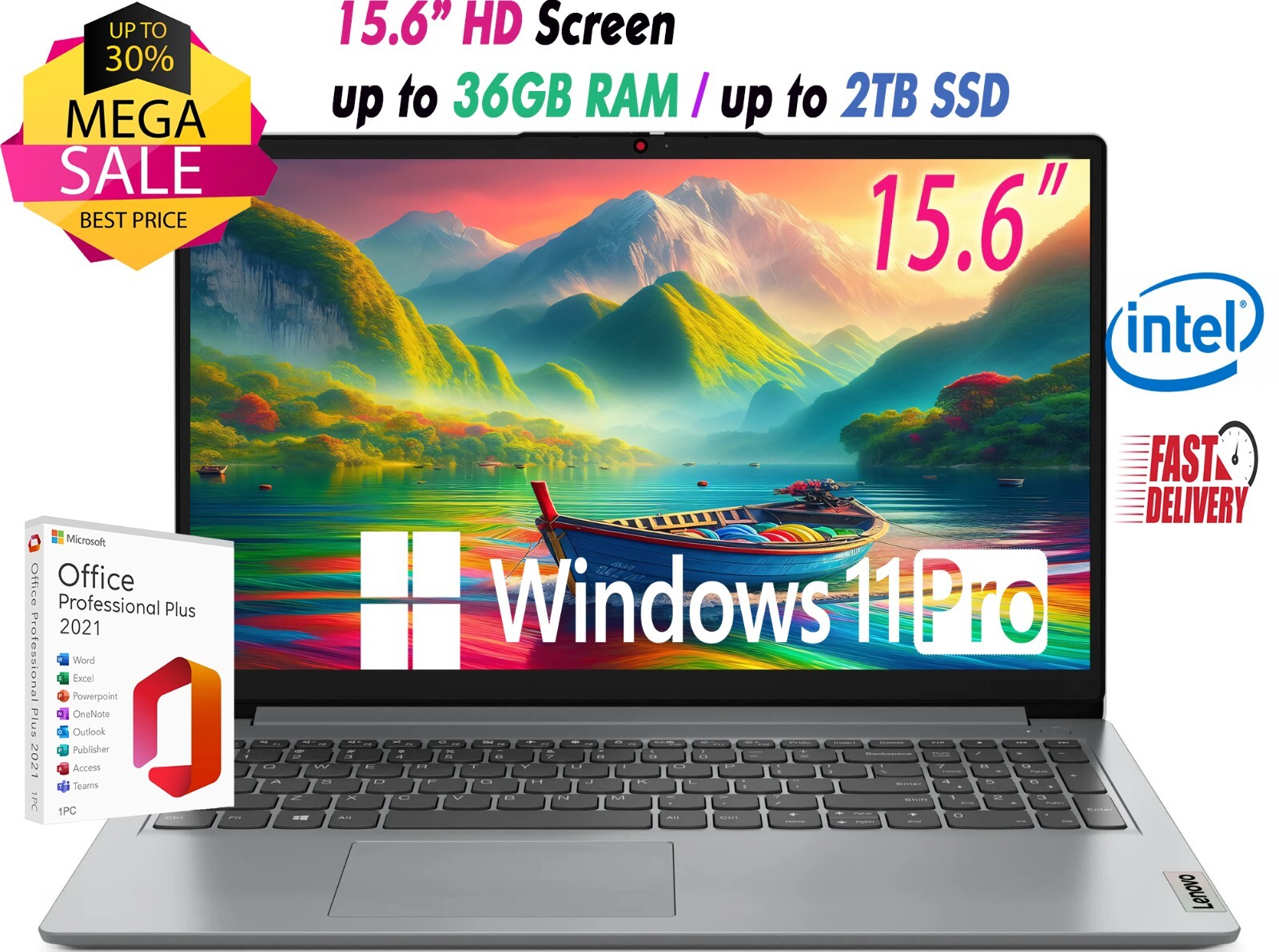 Lenovo Slim Laptop 15.6″ Intel N4500 Up to 36GB RAM & 2TB SSD Win11 PRO+OFFICE