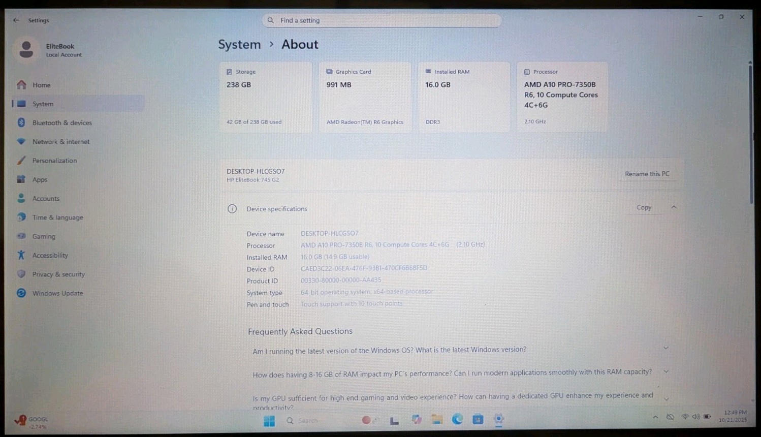 HP EliteBook 745 G2 14” AMD A10 PRO-7350B 2.10GHz 16GB RAM 256GB SSD Win 11