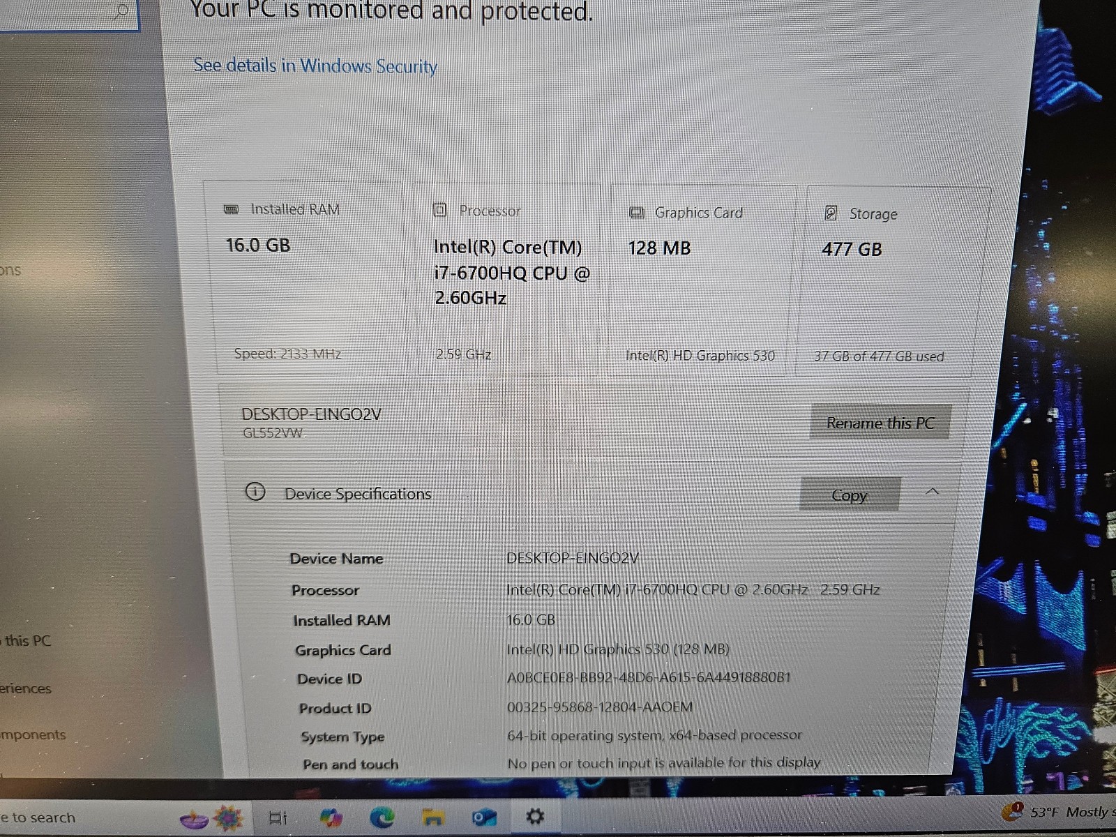 ASUS Notebook GL552V 15.6″ i7-6700HQ 2.6GHz 16GB RAM 500GB SSD GeForce GTX 960M