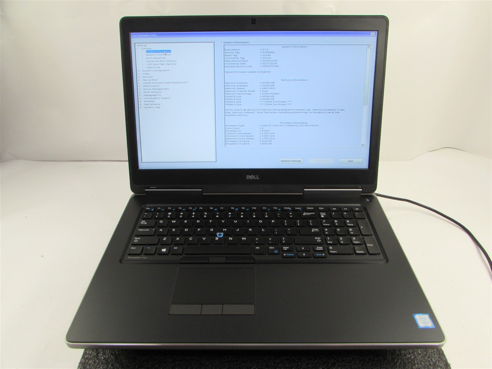 DELL PRECISION 7720 I7-6820HQ 512GB SSD 32GB RAM NVIDIA QUADRO P3000 NO O.S/BATT