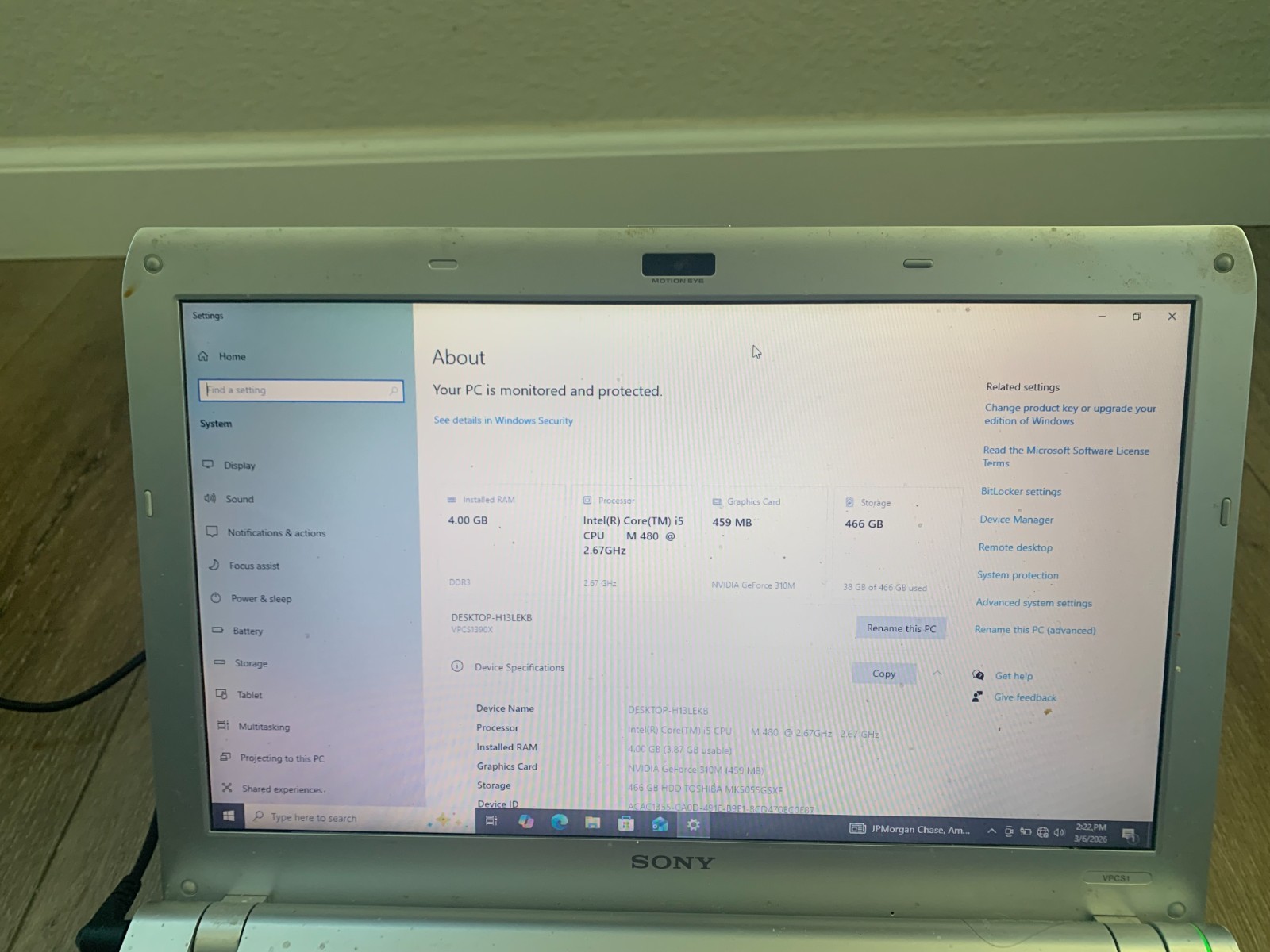 Sony PCG-51111L VPCS1 13.3″ Intel Core i5 M 480 2.67GHz 4GB Ram 500GB HDD Win 10