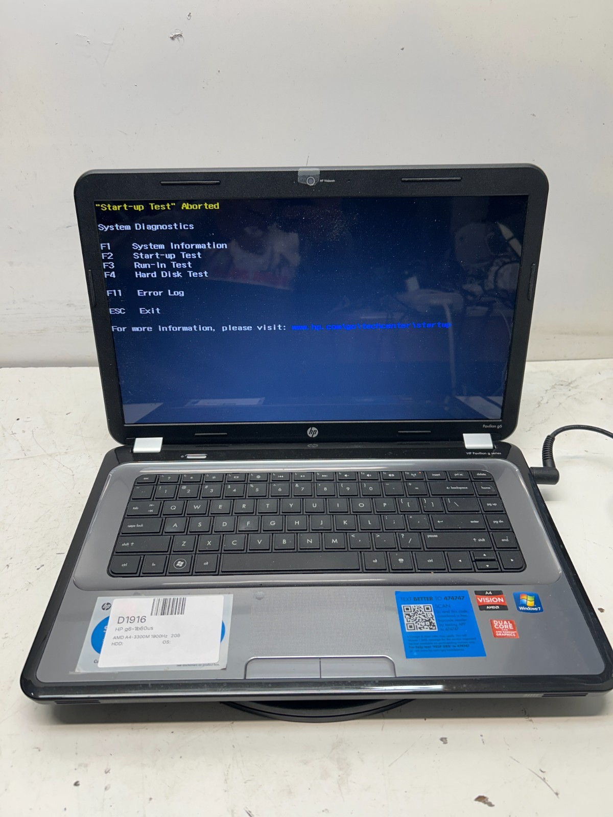 HP g6-1b60us AMD A4-3300M 1900Hz 2GB NO HDD NO BAT