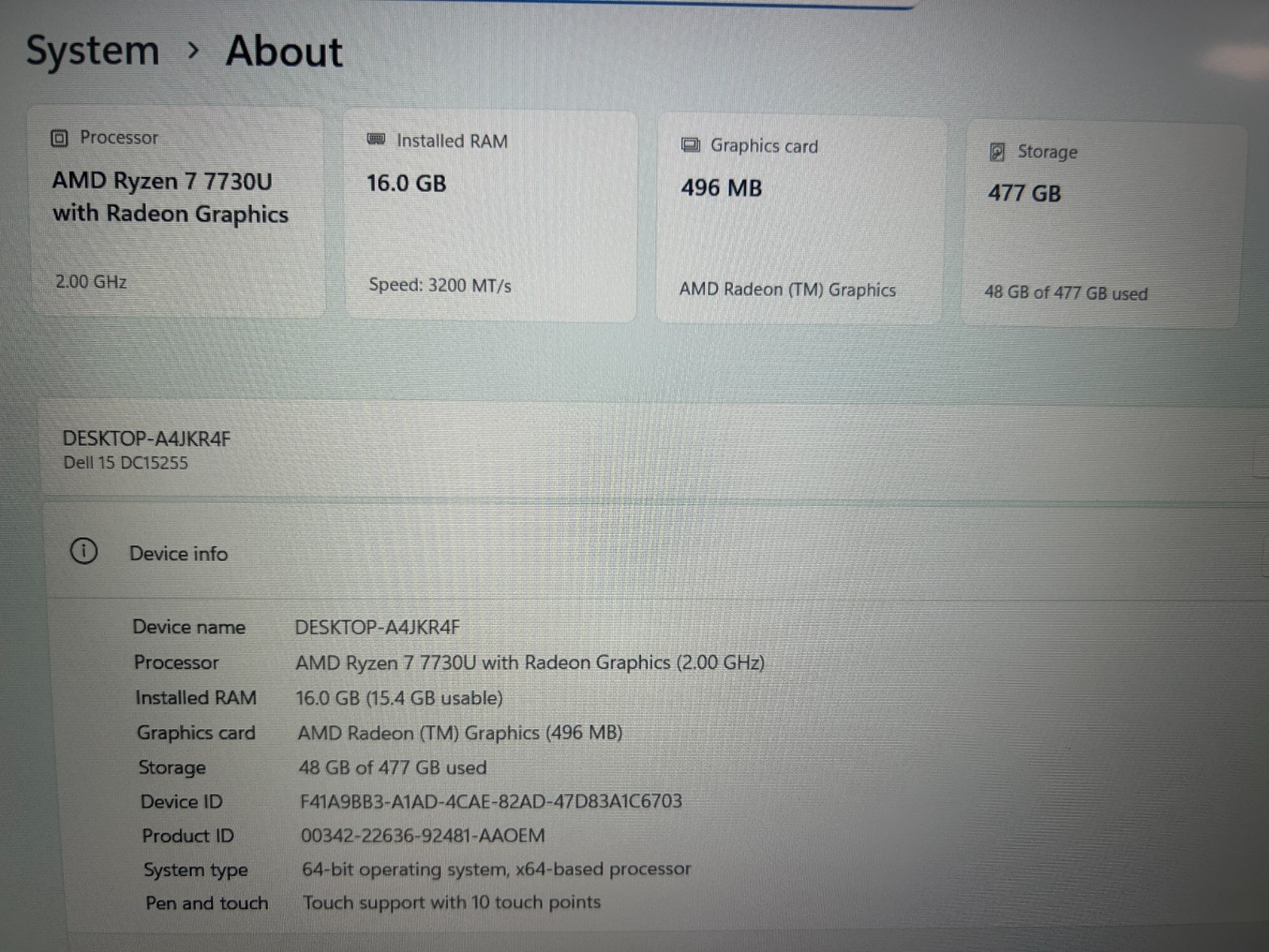 DELL 15 DC15255 G8MK9, AMD Ryzen 7 7730U, 2.00 GHz, 16 GB RAM, 512 GB NVMe SSD