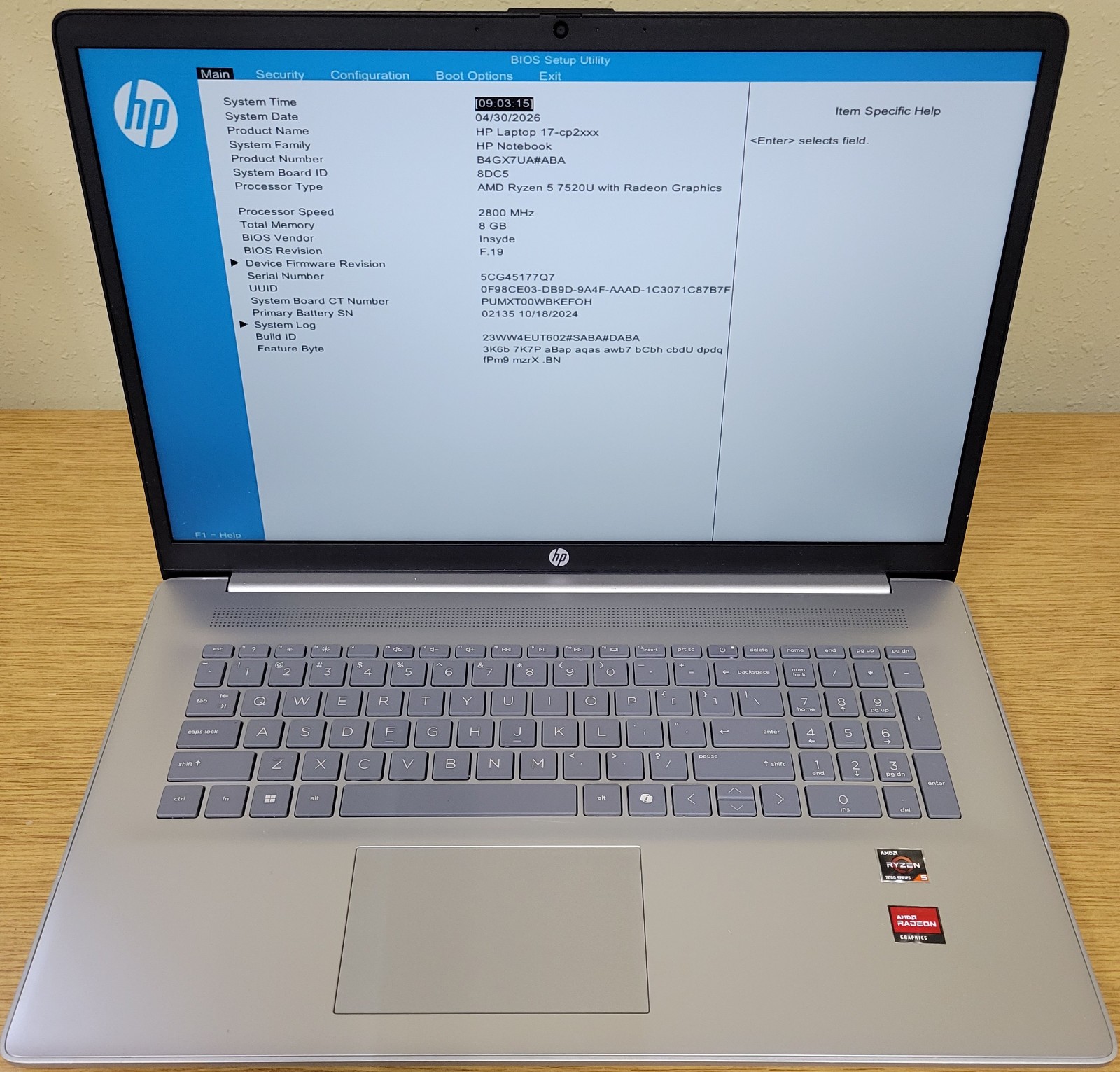 HP NoteBook 17-cp2025dx Ryzen 5 7520U 8GB DDR4 256GB NVMe No OS
