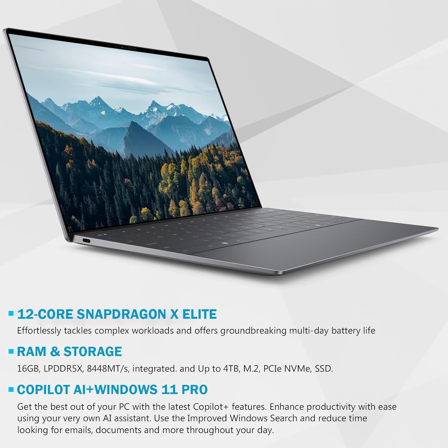 Dell XPS 13 9345 FHD+ Business Laptop, Snapdragon X Elite, 16GB RAM, 1TB SSD