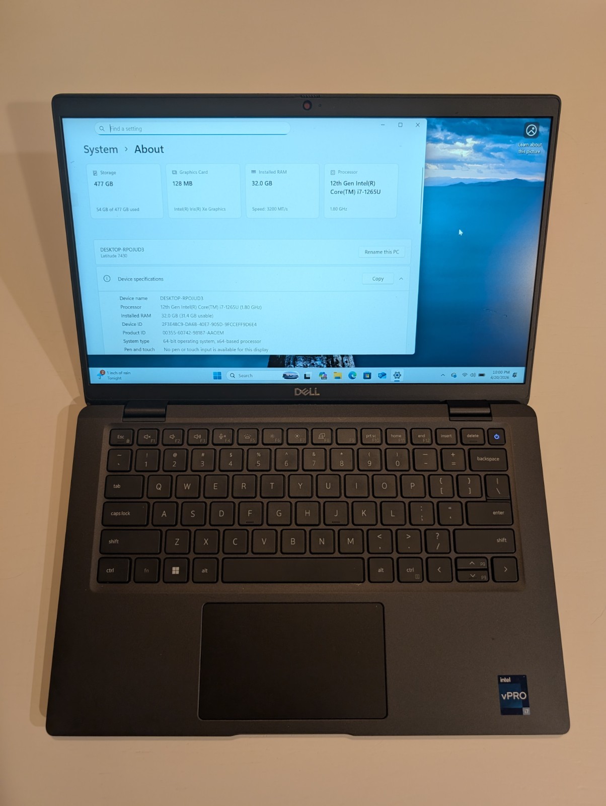 Dell Latitude 7430 14″ Laptop i7-1265U 32GB RAM 512GB Nvme Windows 11 Pro