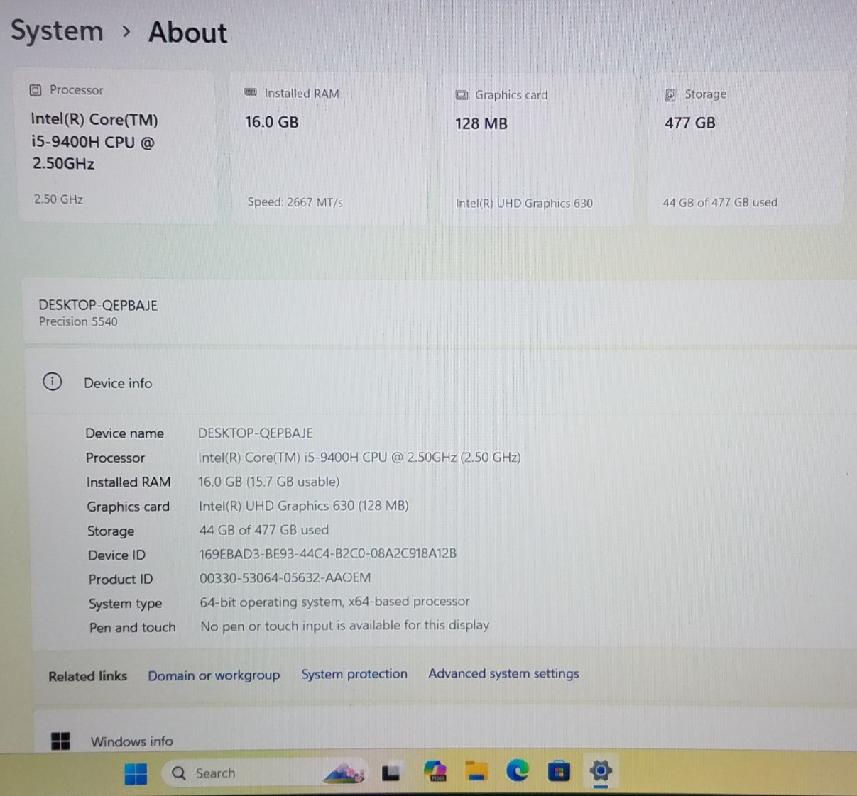 Dell Precision 5540, 15.6″, i5-9400H@2.5GHz, 16GB, 512GB NVMe, Windows 11, No AC