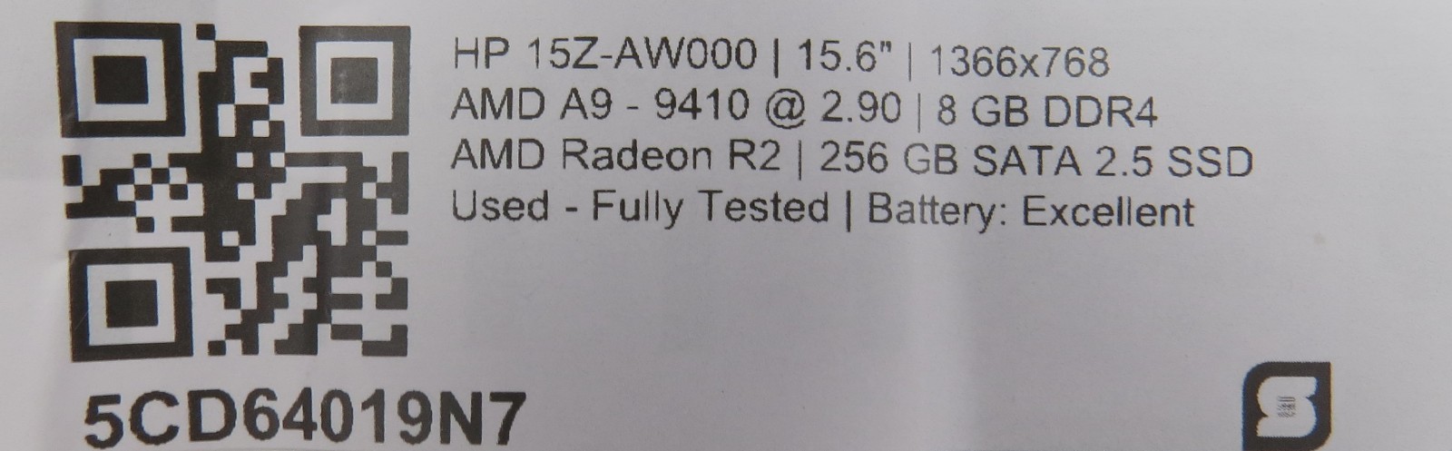 HP 15Z-AW000 | AMD A9-9410 @ 2.90GHz | 8GB DDR4 | 256GB SATA SSD | NO OS