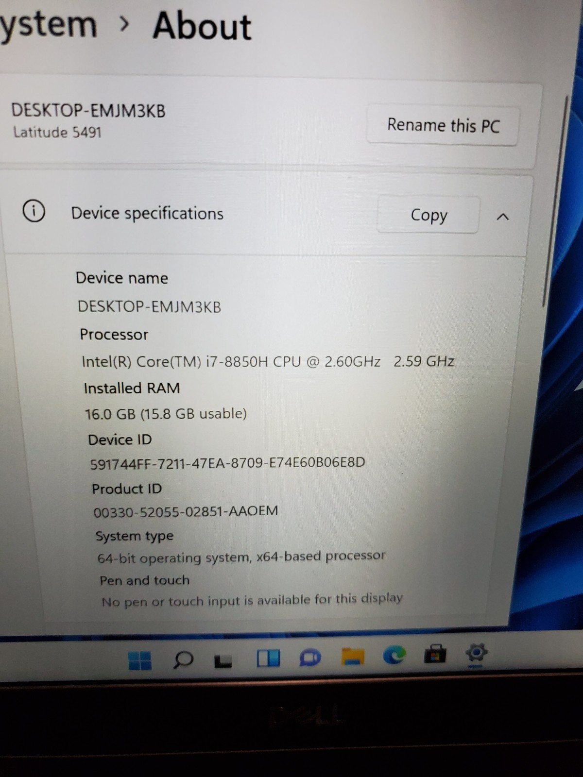 Dell Latitude 5491 14″ Laptop Core i7-8850H 2.6GHz 16GB RAM 256GB SSD Win11 #69