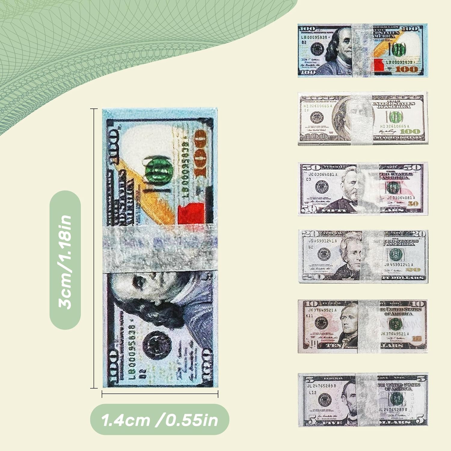 600PCS 1:12 Miniature Dollar Bills Set, Old Tiny Mixed Denominations Money