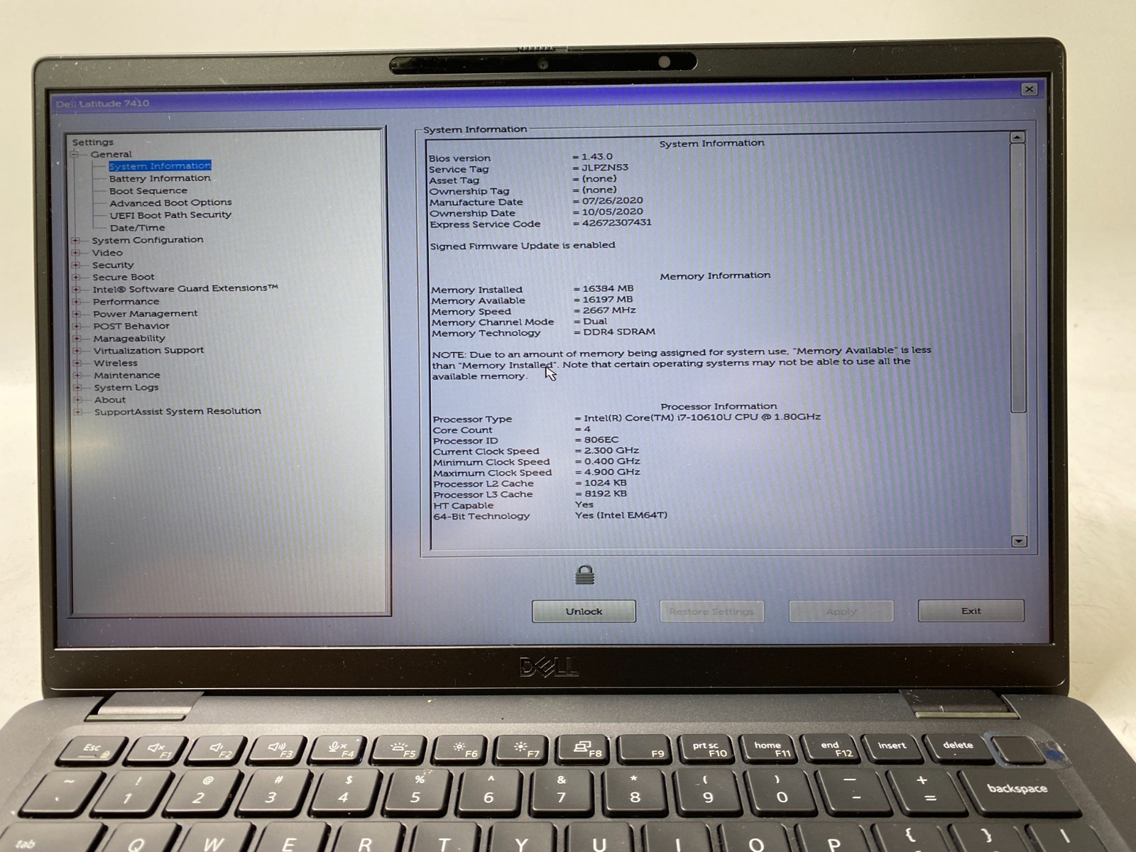 Dell Latitude 7410 14″ i7-10610u 16GB DDR4 512GB M.2 Win11H – 57% Battery, BIOS