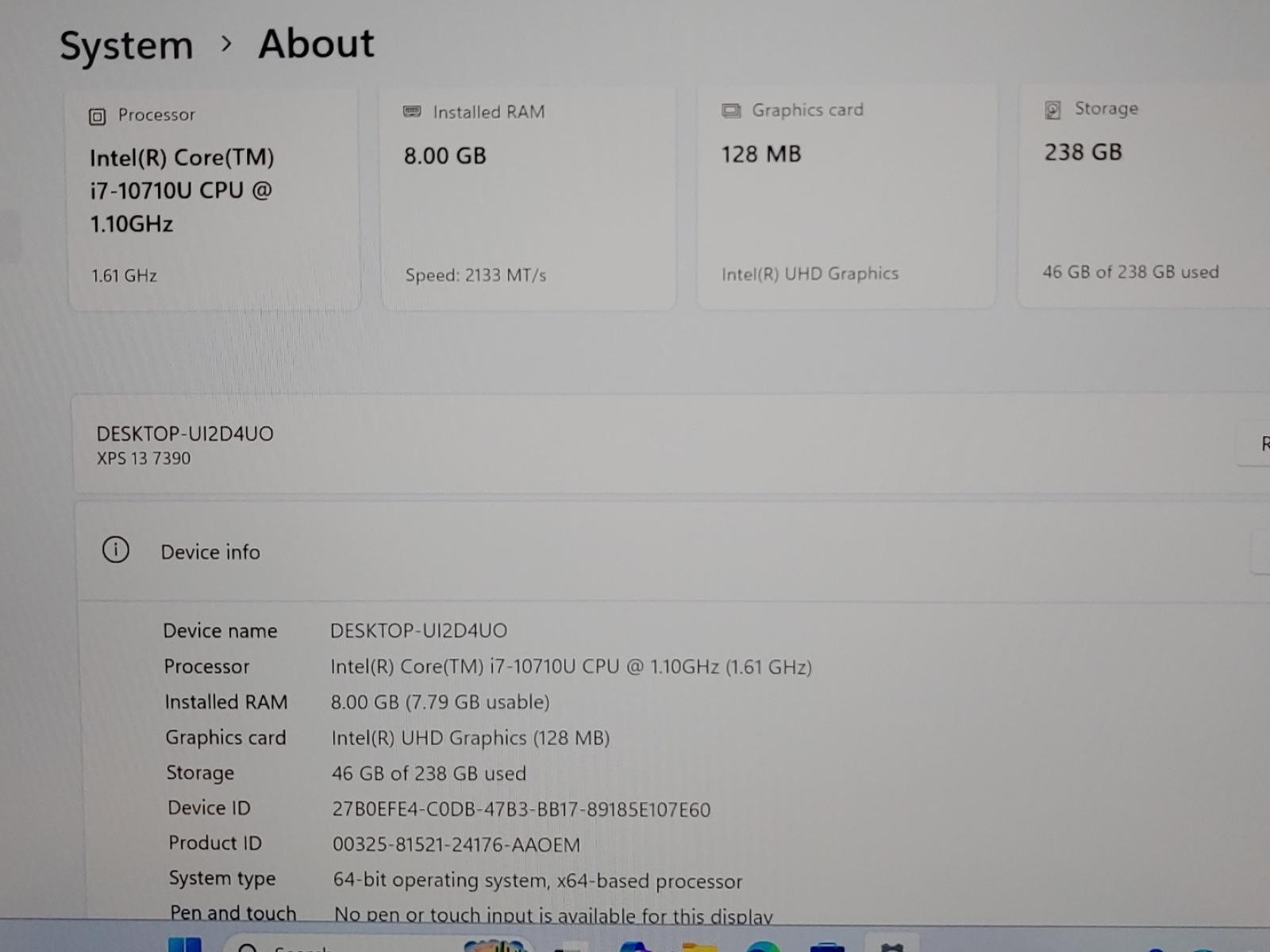 Dell XPS 13 7390 13.3″ Intel i7-10710U 8GB 256GB SSD Win11Home *NO A/C* *READ*
