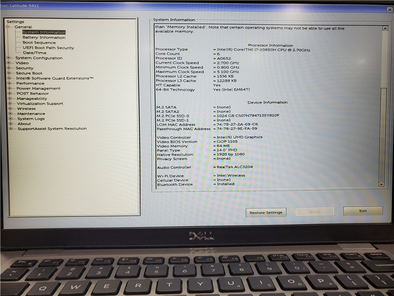 Dell Latitude 5411 Laptop i7-10850H 2.7GHz 8GB 1TB SSD MX250 Win 10 Pro COA