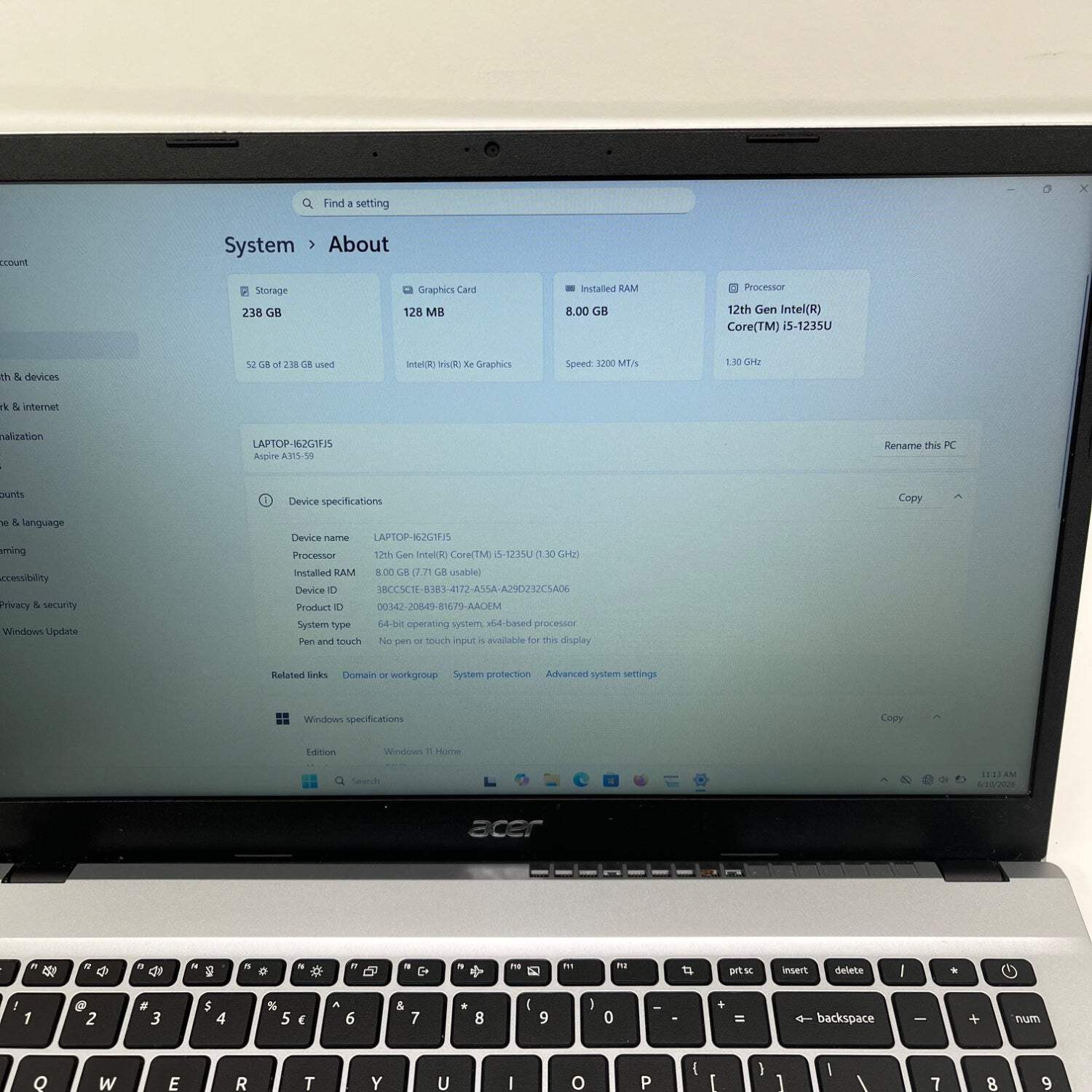 Acer Aspire 3 15.6″ i5-1235U 1.3GHz 8GB RAM 256GB SSD