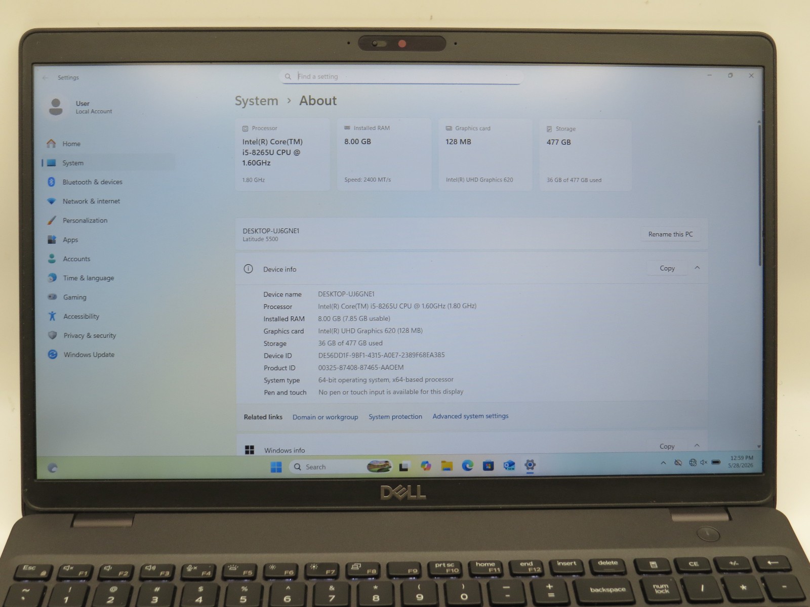Dell Latitude 5500 i5-8265U @ 1.6GHz 8GB DDR4 512GB m2 15.6″ Win 11